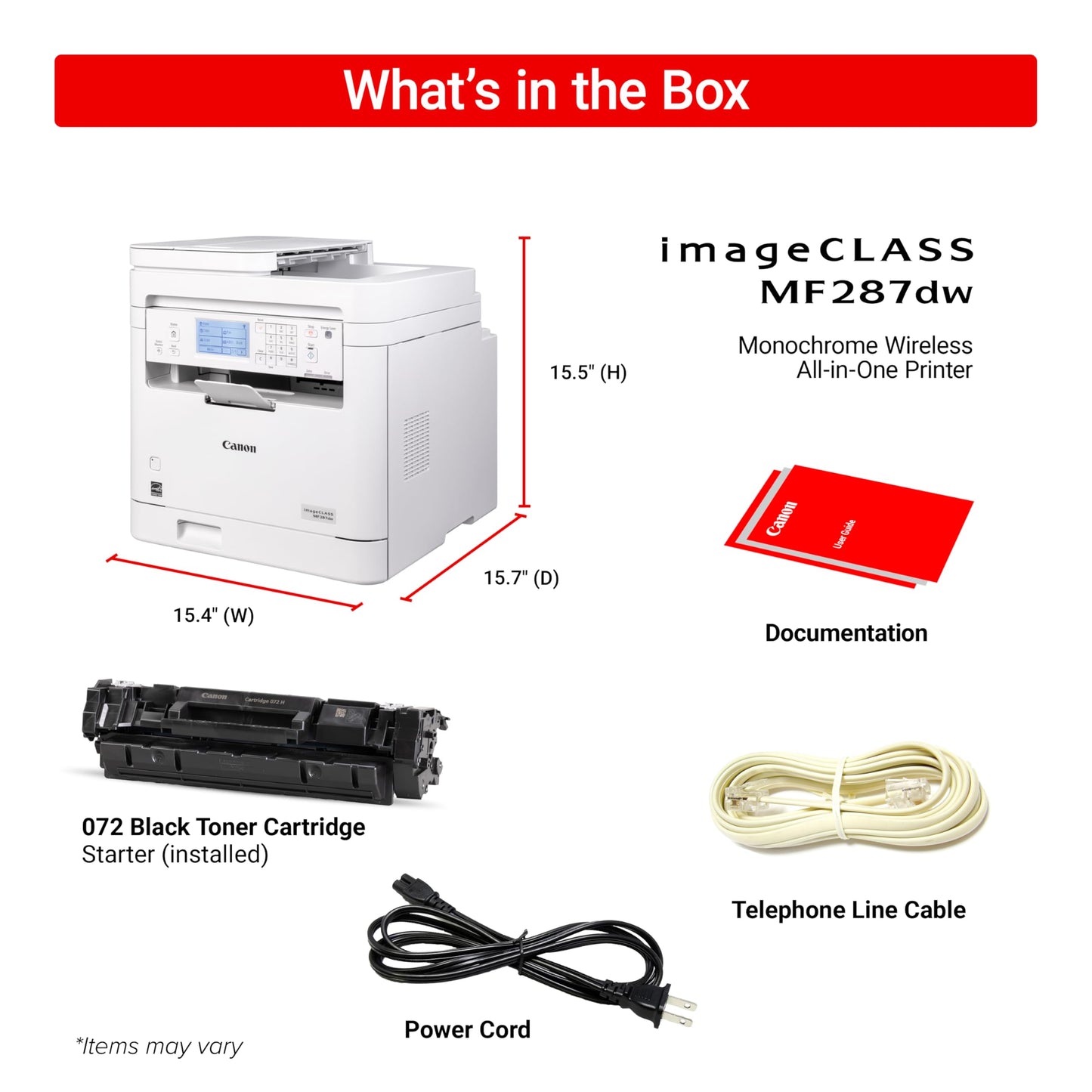 Canon imageCLASS MF287dw - Monochrome, Duplex, Wireless Laser Printer, All-in-One Print, Copy, Scan, Fax, Auto Document Feeder, 1 Year Limited Warranty, 35 PPM, White