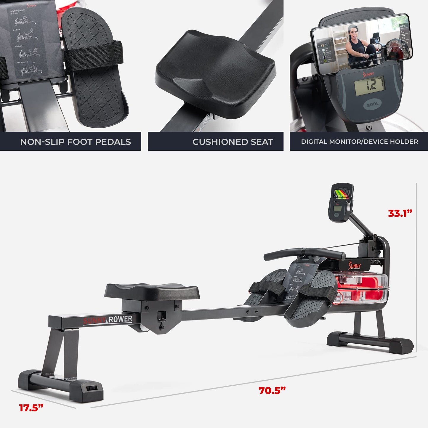 Sunny Health & Fitness Premium Water Rower w/Intensive Dynamic Real-Time Resistance, 300 LB Capacity Flip-able Rowing Machine for Home Training, Optional Free SunnyFit App Connection