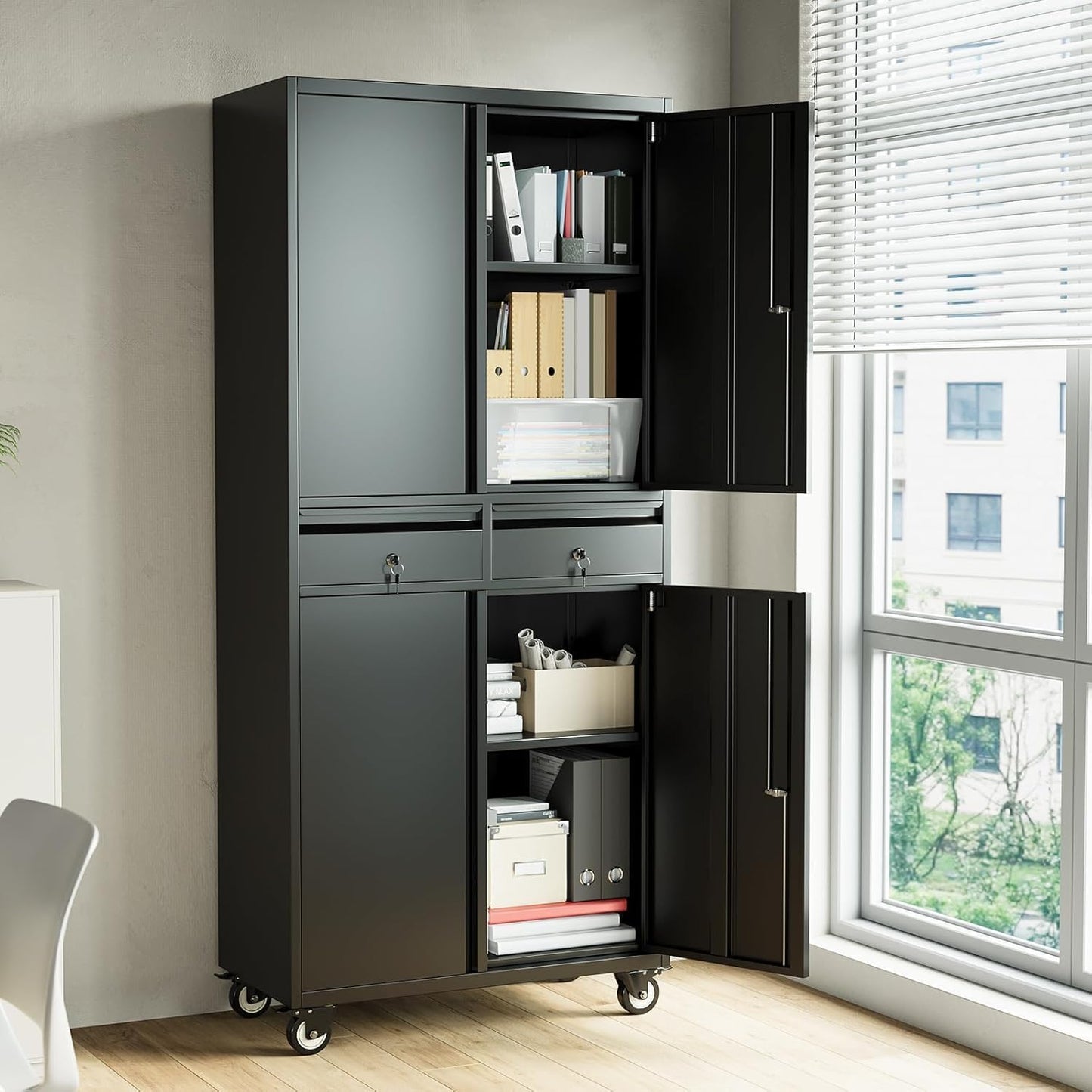 GarveeHome Garage Storage Cabinet, 73'' Metal Storage Cabinet with Wheels and Adjustable Shelves, Heavy Duty Storage Cabinet with Locking Doors and 2 Drawers for Office and Garage, Black