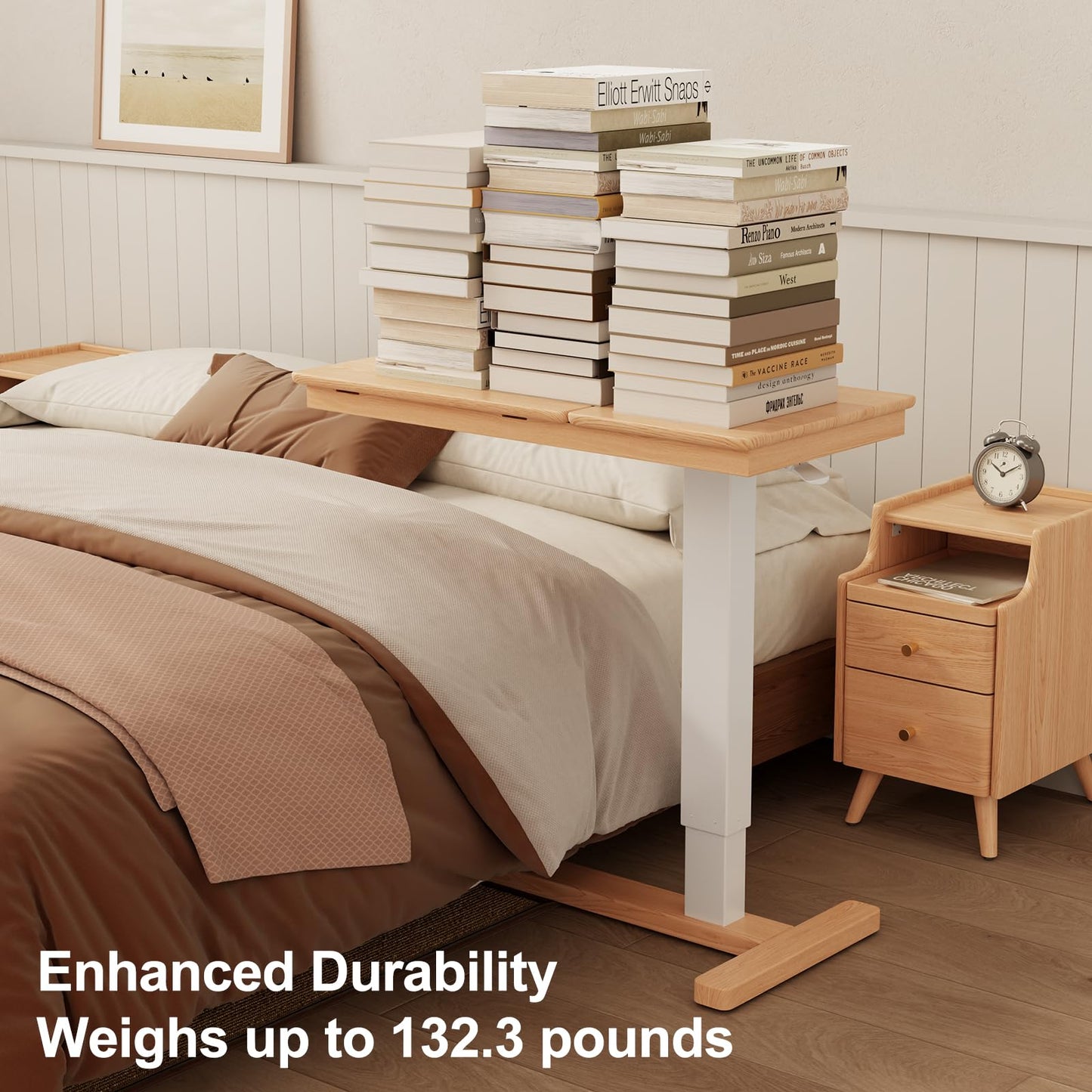 Muwuele Solid Wood Overbed Bedside Table with Wheels, Adjustable Medical Tilt Top Hospital Bed Table Over The Bed, Rolling Laptop Desk, Mobile Standing Desk for Hospital and Home Use (Natural)