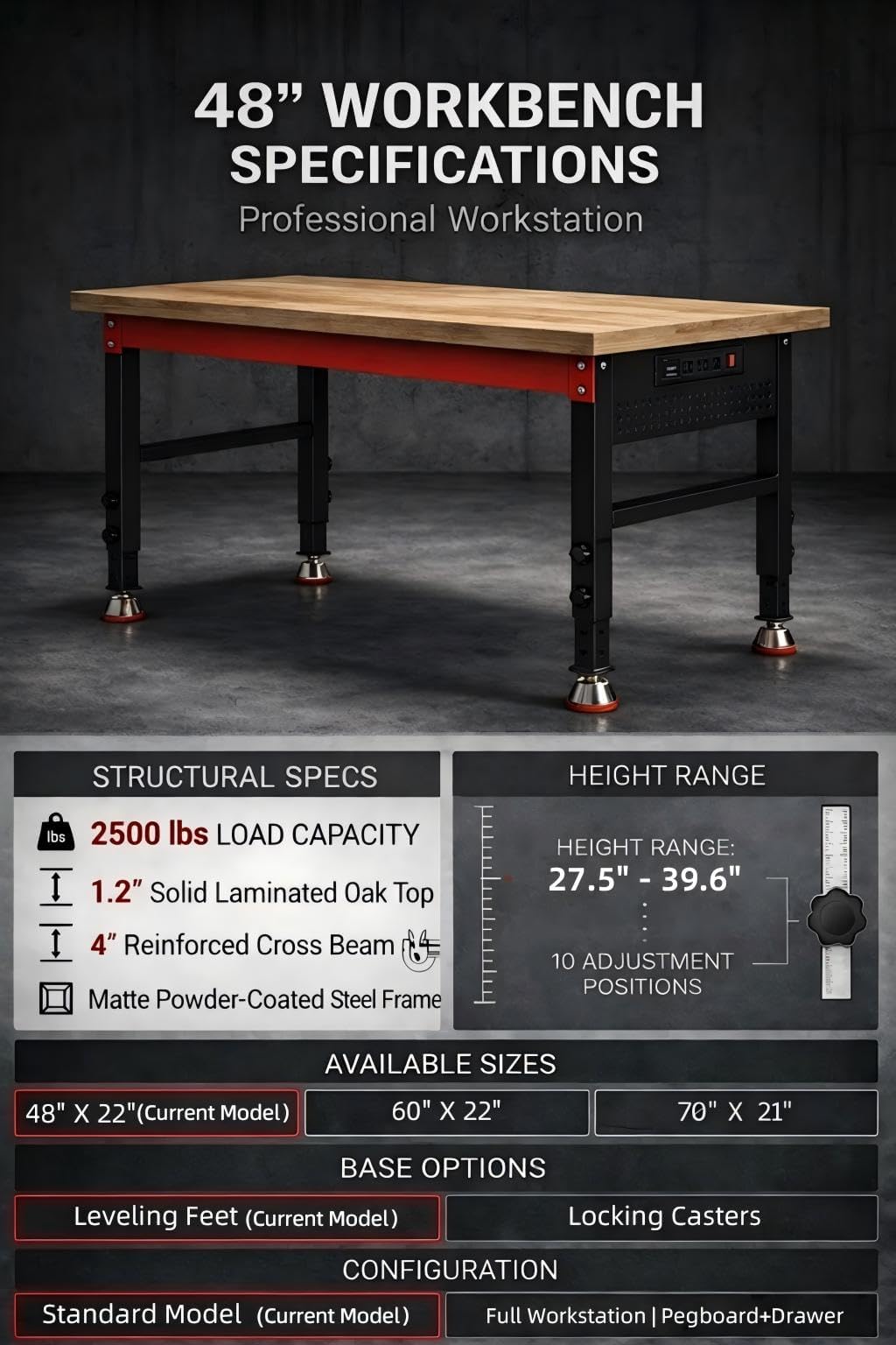 VekMax 48" Heavy Duty Workbench, 2500 LBS Load Capacity Work Bench with 1.2" Laminated Oak Wood Top & Reinforced Steel Frame, Adjustable Height Work Table for Garage, Workshop, Office, Home (Feet)