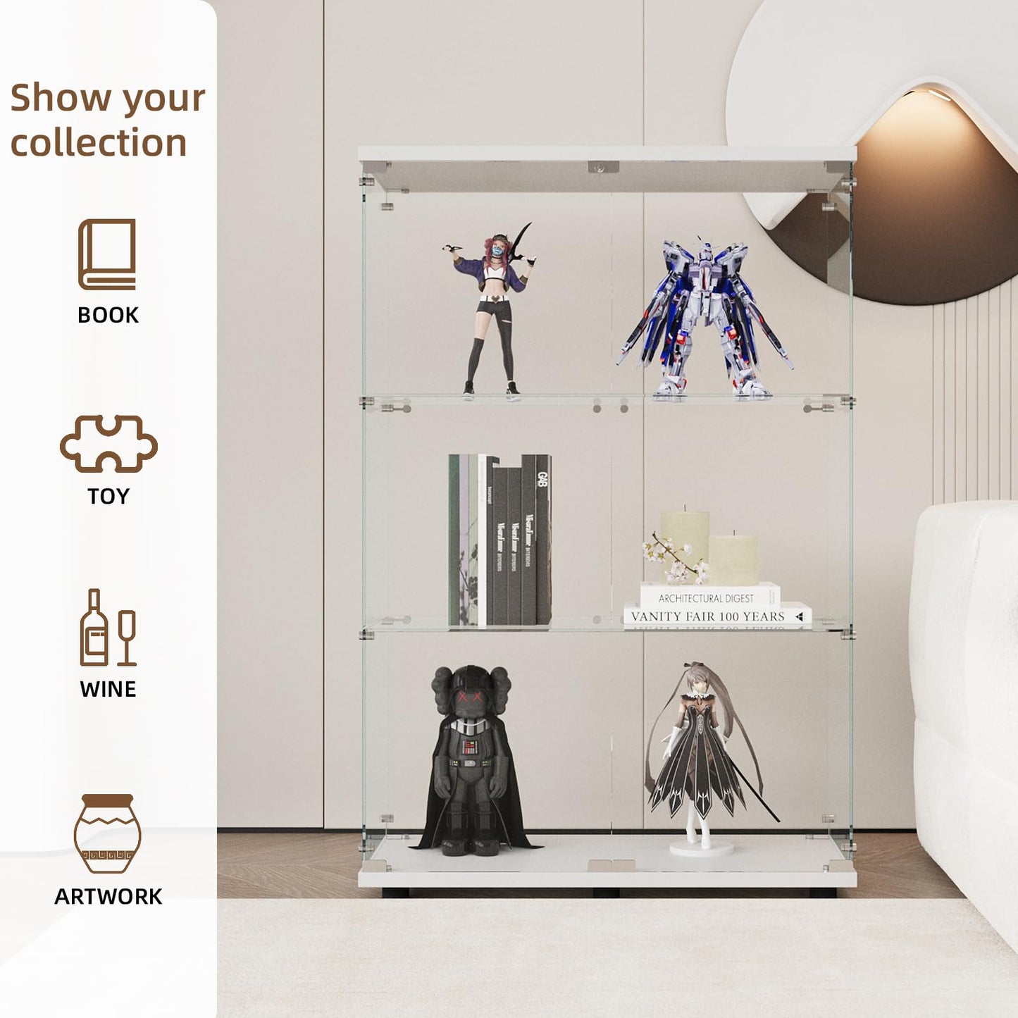 GDJAASJI Display Cabinet with Glass Door and Lock, 3-Shelf Fast Installation Curio Cabinets with 5mm Tempered Glass Floor Standing Bookshelf for Bedroom, Living Room (49" Hx 32" W x 14.3" D, White)