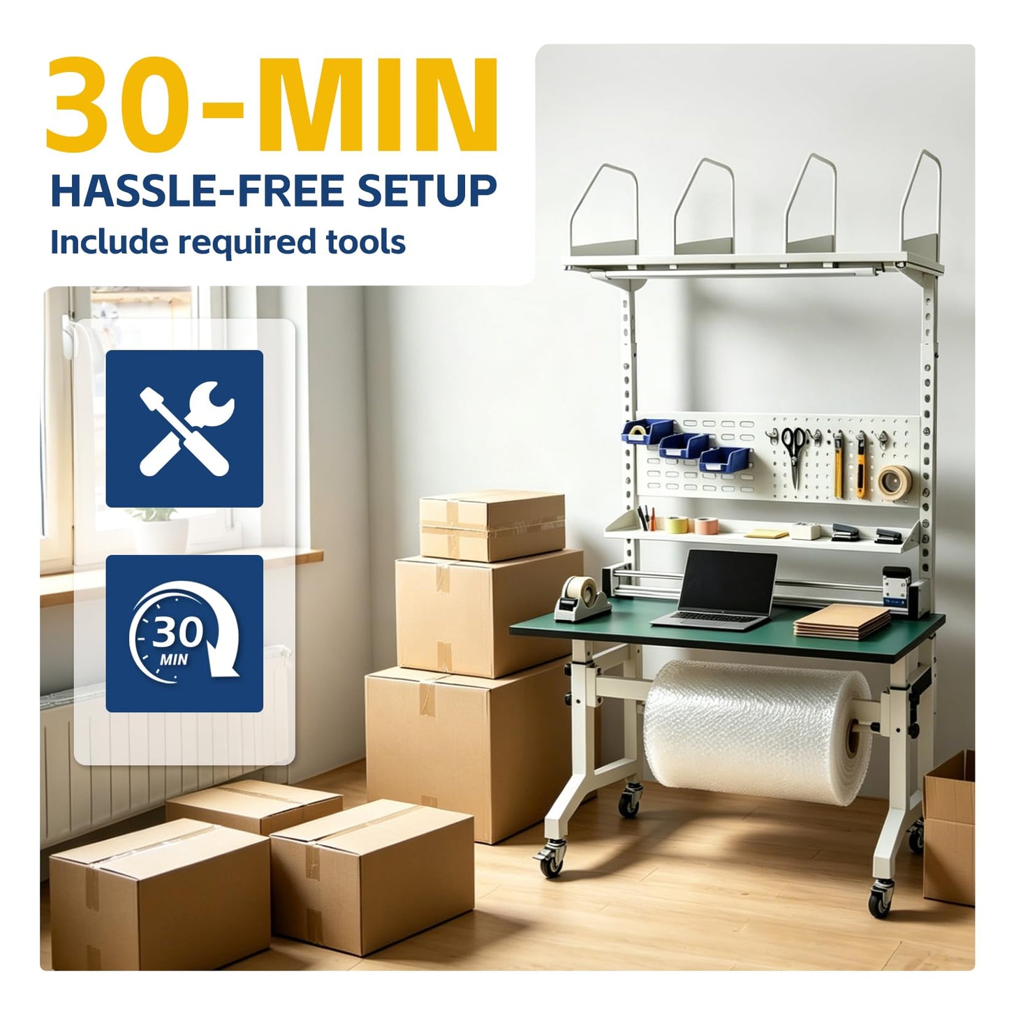 NEESEEYEE E-Commerce Packing Table, Mobile Iron-Wood Shipping Station with Built-in Power & LED, Ergonomic Standing Workbench with ESD Surface, Tape Dispenser & Storage Shelves, 1400 LBS