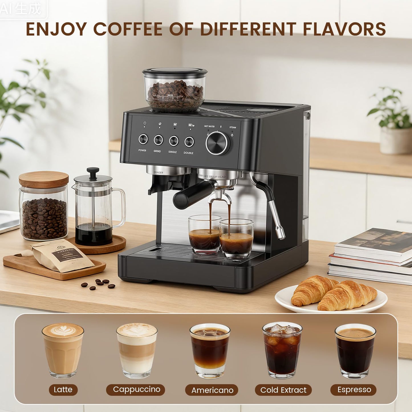 Kismile 20-Bar Espresso Machine with Grinder, Expresso Coffee Machines Coffee Maker with Grinder, Milk Frother/Steam Wand & Tamping Tools for Cappuccino & Latte