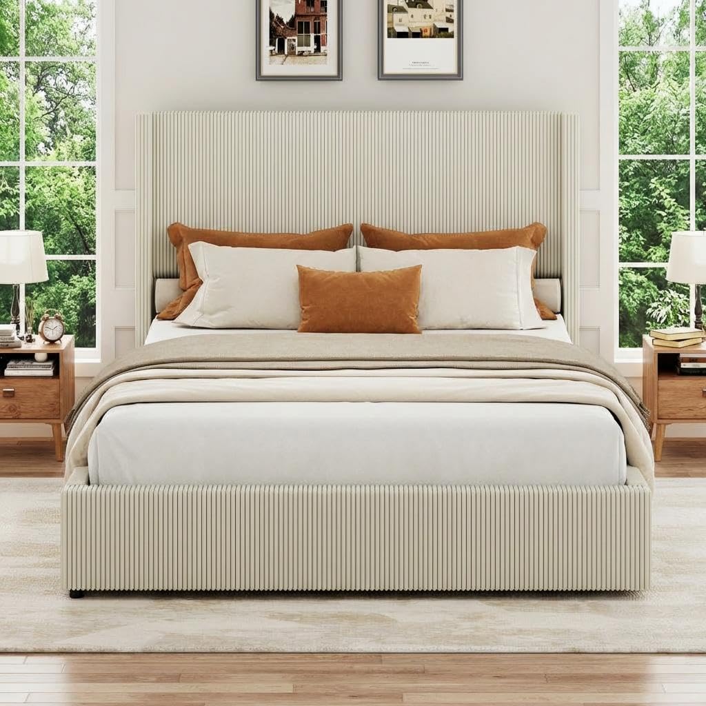 GAOMON King Bed Frame with 4 Storage Drawers, Corduroy Upholstered Platform King Size Bed Frame with Wingback Headboard, No Box Spring Needed, Easy Assembly, Beige