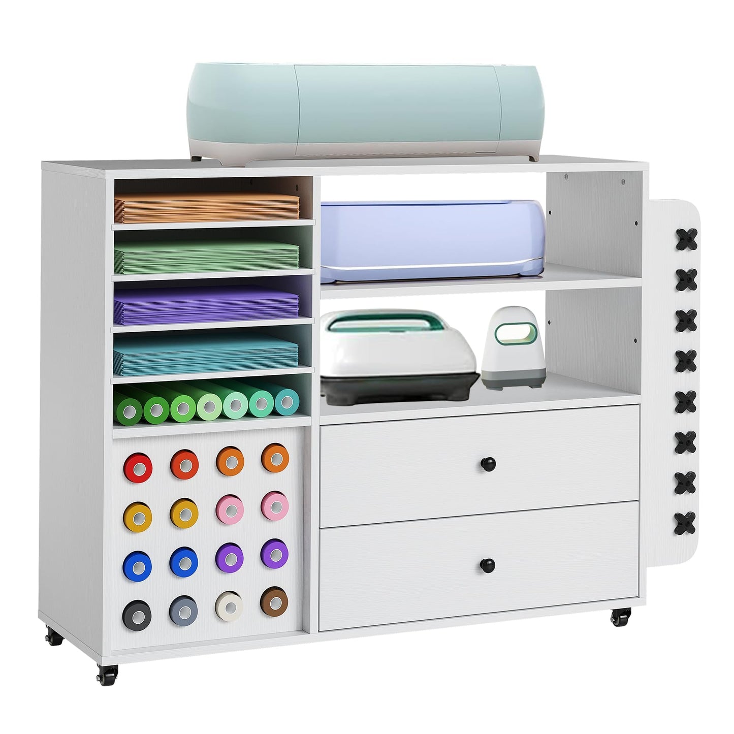 MilleLoom Craft Cart with Vinyl Roll Holder - Large Rolling Cricut Cart Organizer & Workstation, Craft Storage Table Compatible with Cricut Machine, Heat Press, Craft Room White