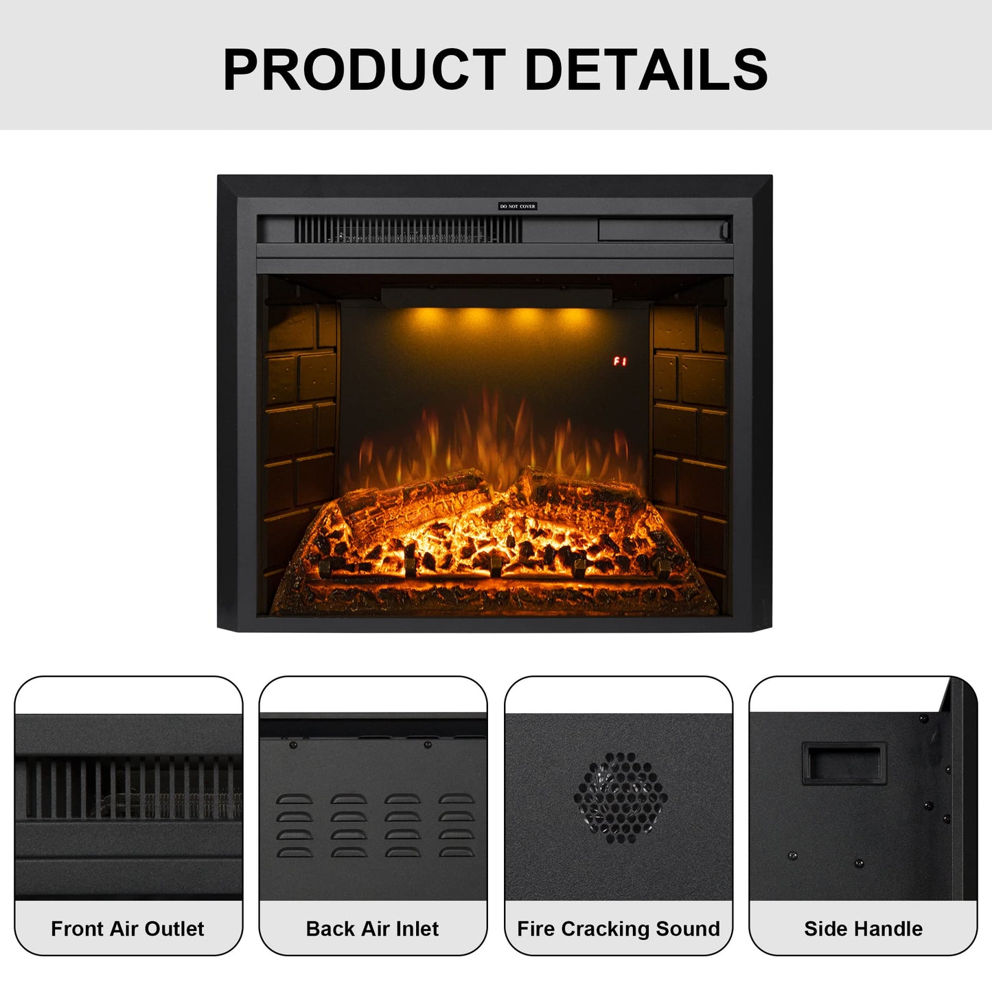 Benrocks 25'' Electric Fireplace Inserts, Recessed & Built in Wall Electric Fireplace Heater with Fire Crackling Sound, Adjustable Top Light & Flame Speed, Overheating Protection, 750/1500W Black