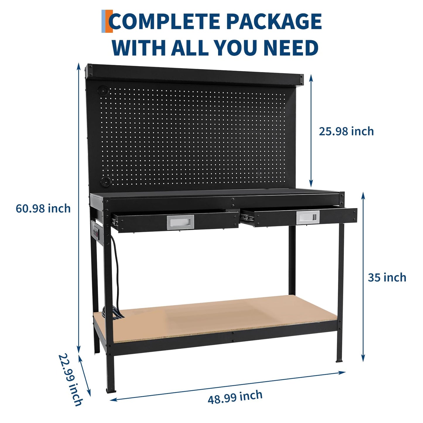 Heavy Duty 2-Tier Garage Workbench 48.99" x 22.99" with 2 Drawers, Pegboard, Power Outlet, Storage Shelf, Metal Tool Station, 332 lbs Capacity, Multifunctional Work Table for Workshop, Black
