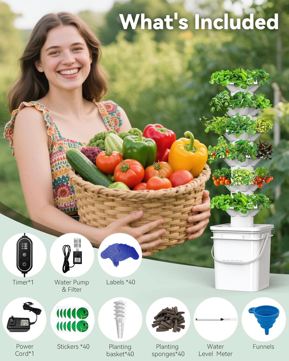 sjzxuv Vertical Hydroponics Growing System Kit, Indoor Outdoor Gardening System Kits, Herb & Fruits Growing Hydroponic Tower, 6 Layers (36 Pods)