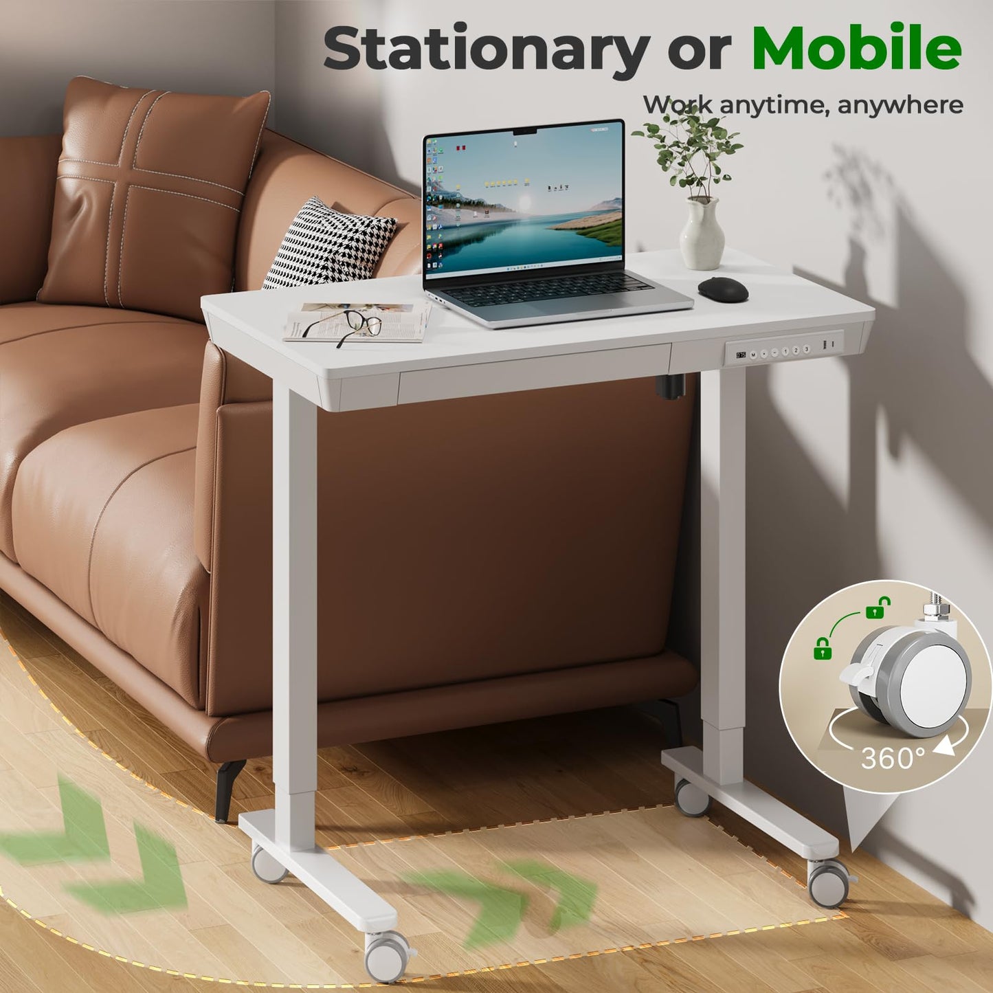 JYLH JOYSEEKER Electric Standing Desk with Drawer, 35" x 20" Whole Piece Tabletop Small Sit Stand Desk, Height Adjustable Desk with Storage & USB Ports, Quick Install Home Office Computer Desk, White