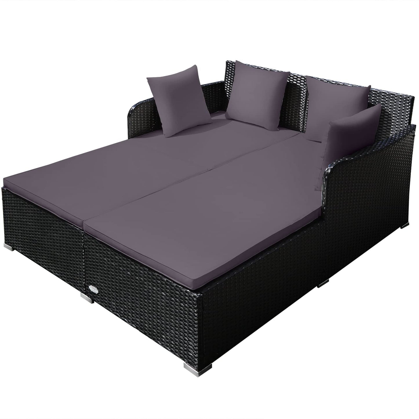 Tangkula Outdoor Rattan Daybed, Sunbed Wicker Furniture w/Spacious Seat, Upholstered Cushion & High-Resilience Sponge, Wicker Patio Sofa Set w/Extra Pillows for Courtyard Poolside (Grey)