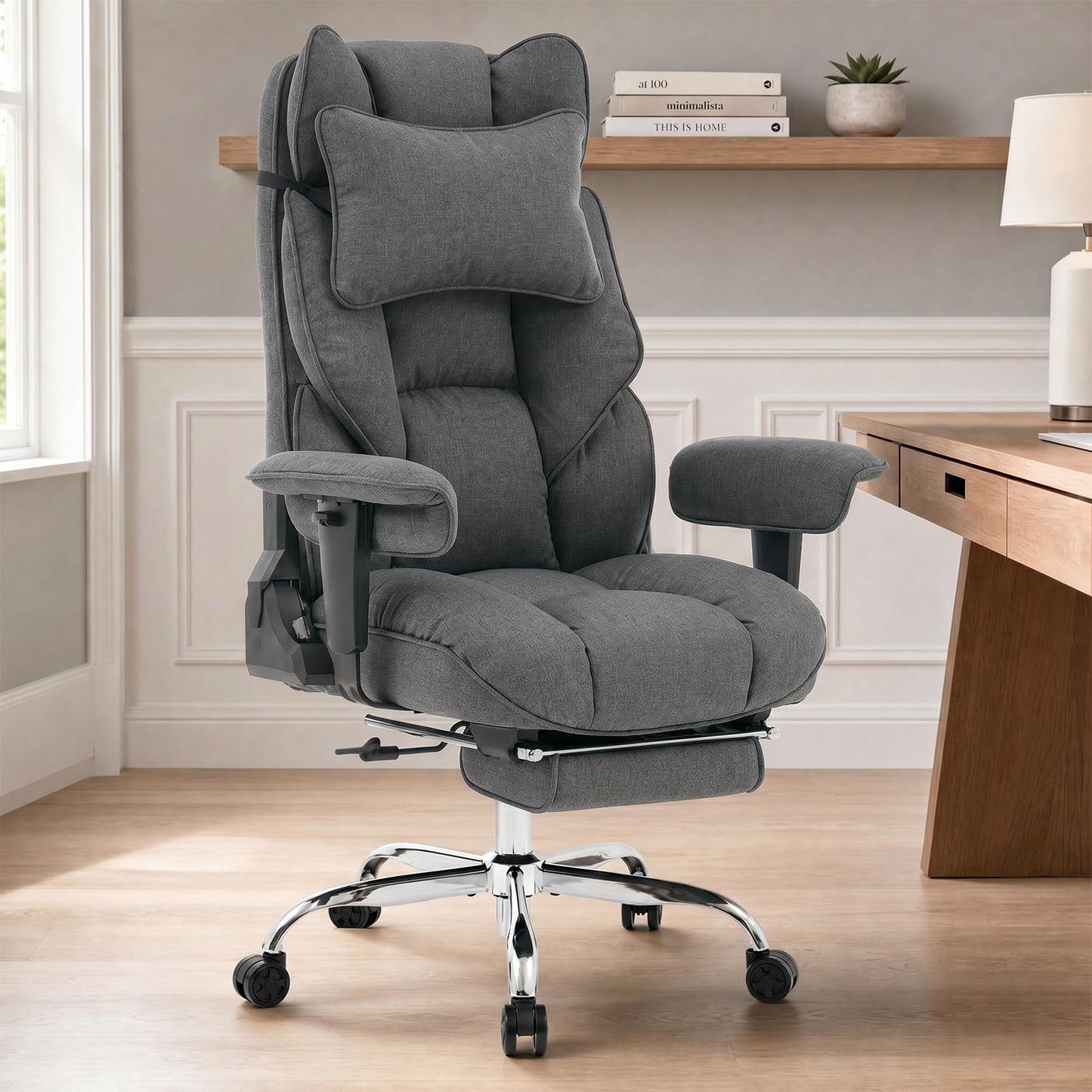 mokodo Big and Tall Office Chair 400lbs, Breathable Fabric Executive Desk Chair with Pocket Spring Cushion, 155° Reclining Computer Chair with Integrated Headrest & Lumbar Pillow (Grey)