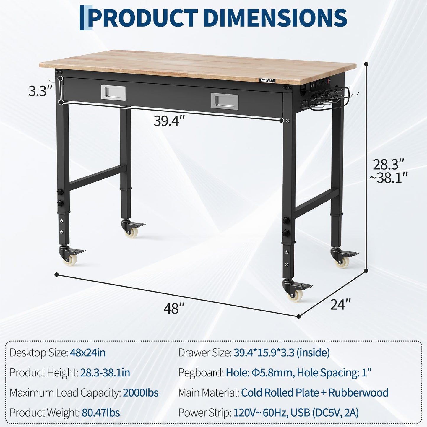 Garvee 48x24 Inch Workbench with Drawer, 6-Level Adjustable Height, 2000 lb Load Capacity, Solid Rubberwood Top, ETL Power Outlets, Swivel Casters, Pegboard & Hooks for Garage