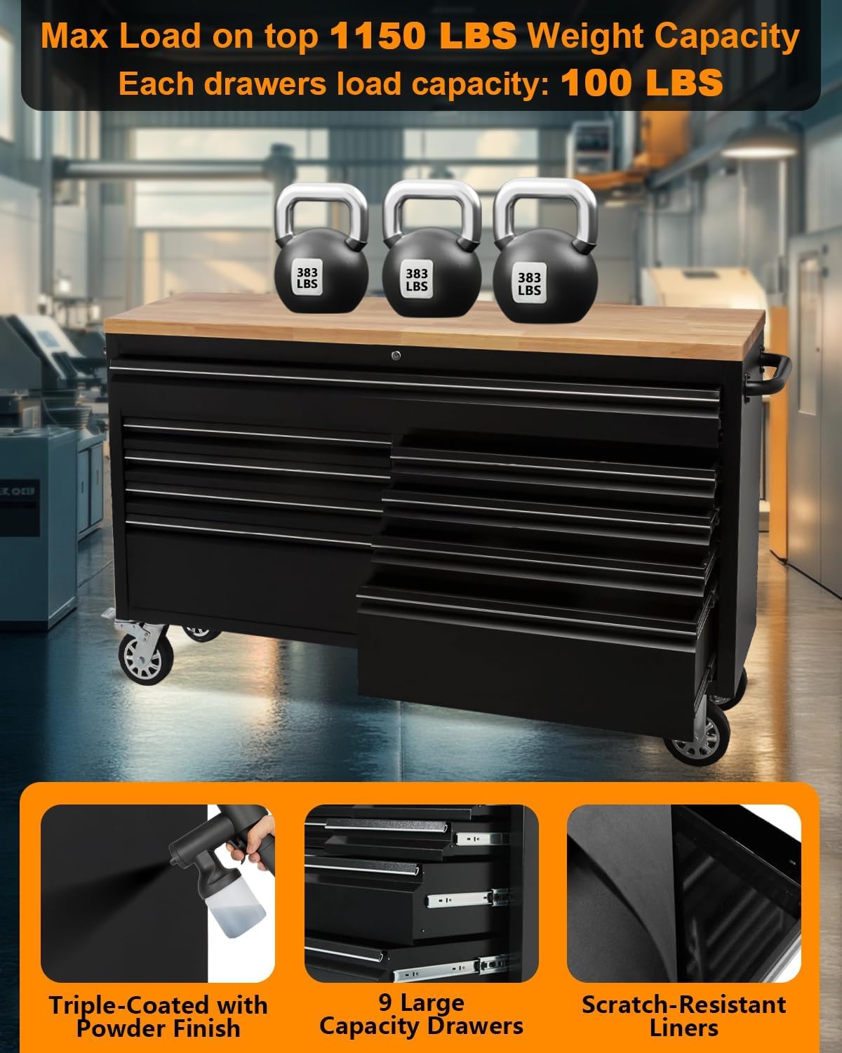 MERXENG 61 Inch Tool Chest, Tool Box Mobile Workbench, 9 Drawers Storage Lockable Rolling Metal Storage Cabinet with 4 Wheels for Garage Workshops Warehouse, Black