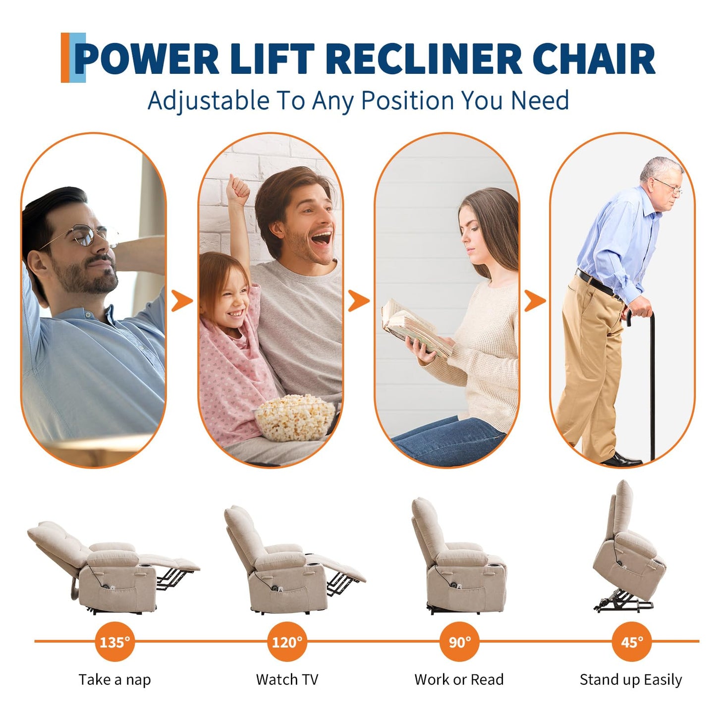 Power Lift Recliner Chair for Elderly - Electric Massage & Heat Recliner with 45° Assist Stand, Oversized Living Room Sofa with Soft Padded Upholstery, Side Pocket & Cup Holders for Living Room