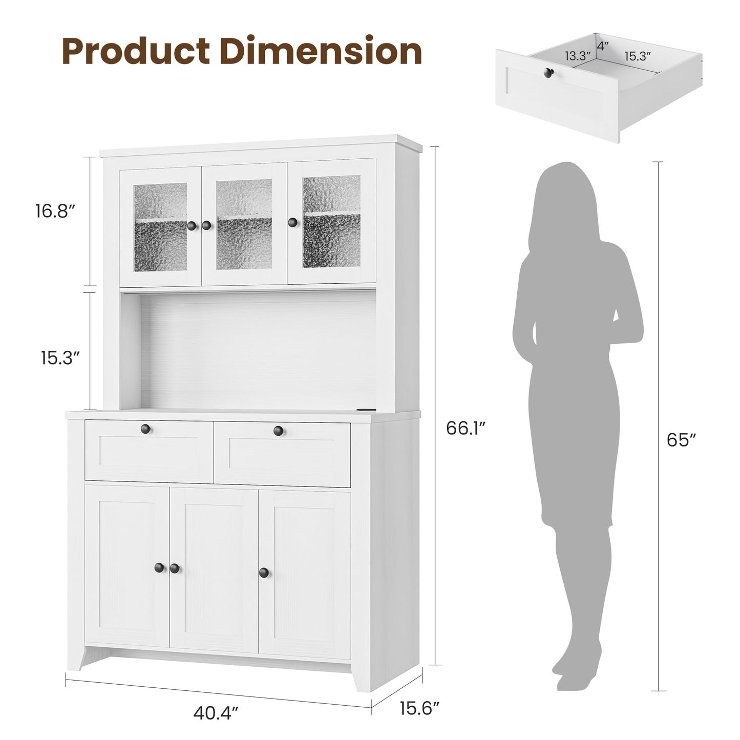 Pantry Cabinet with Charging Station, Farmhouse Kitchen Pantry Storage Cabinet with Countertop, Large Kitchen Hutch with Storage Drawers and Adjustable Shelves & Water Ripple Design for Dining Room,