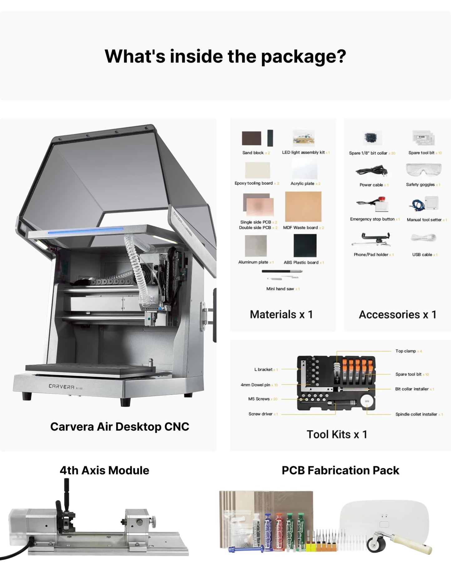 Carvera Air Desktop CNC Machine with 4th Axis and PCB Kit, Compact Enclosed Mini CNC Router Mill, Quick Tool Changer Closed-Loop Control, Makera CAM, High Precision for DIY Makers Workshops Metal Wood