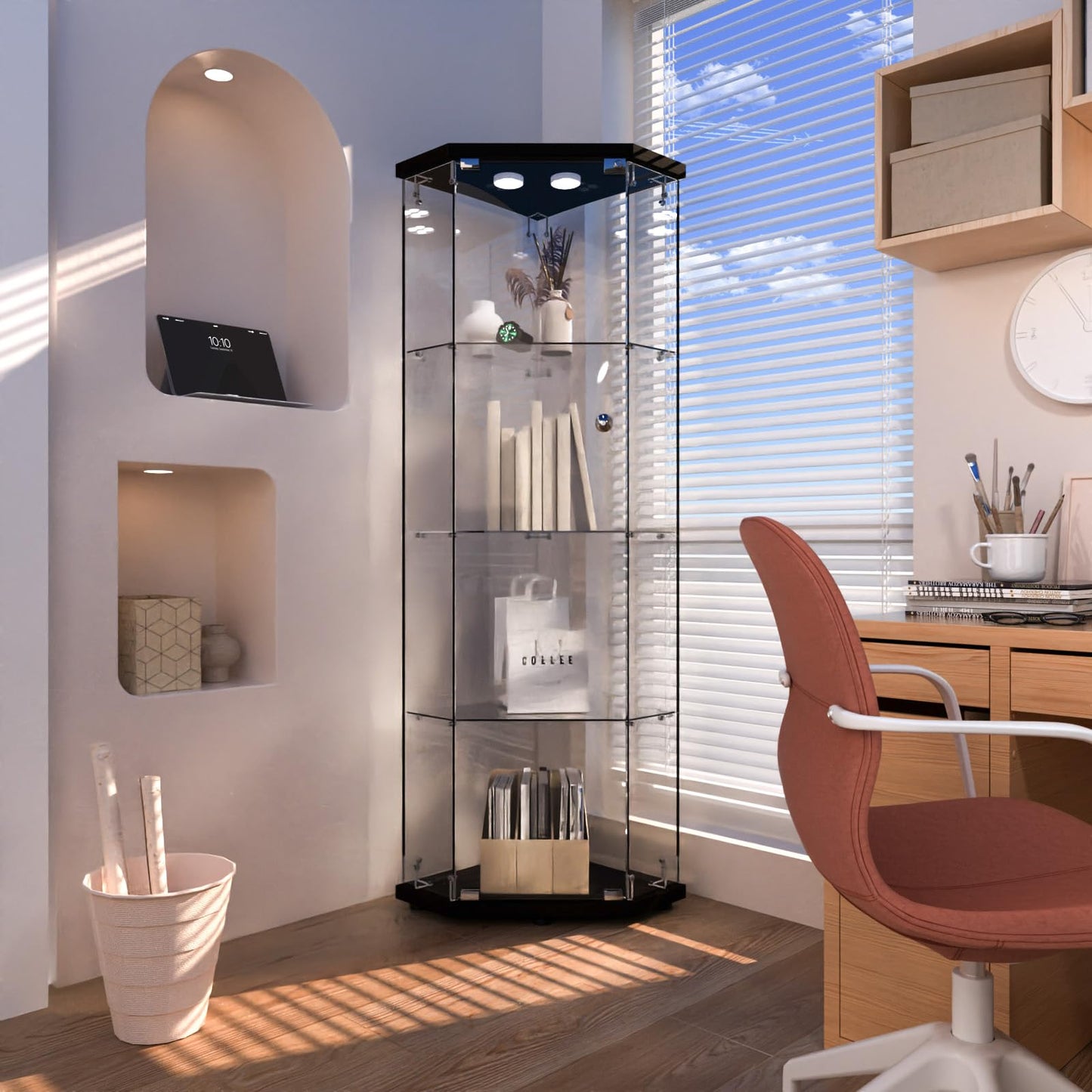 Beauty4U Glass Display Corner Cabinet with Light, 4 Shelves, Curio Cabinets for Living Room, Bedroom, Office, Black Floor Standing Glass Bookshelf, Quick Installation
