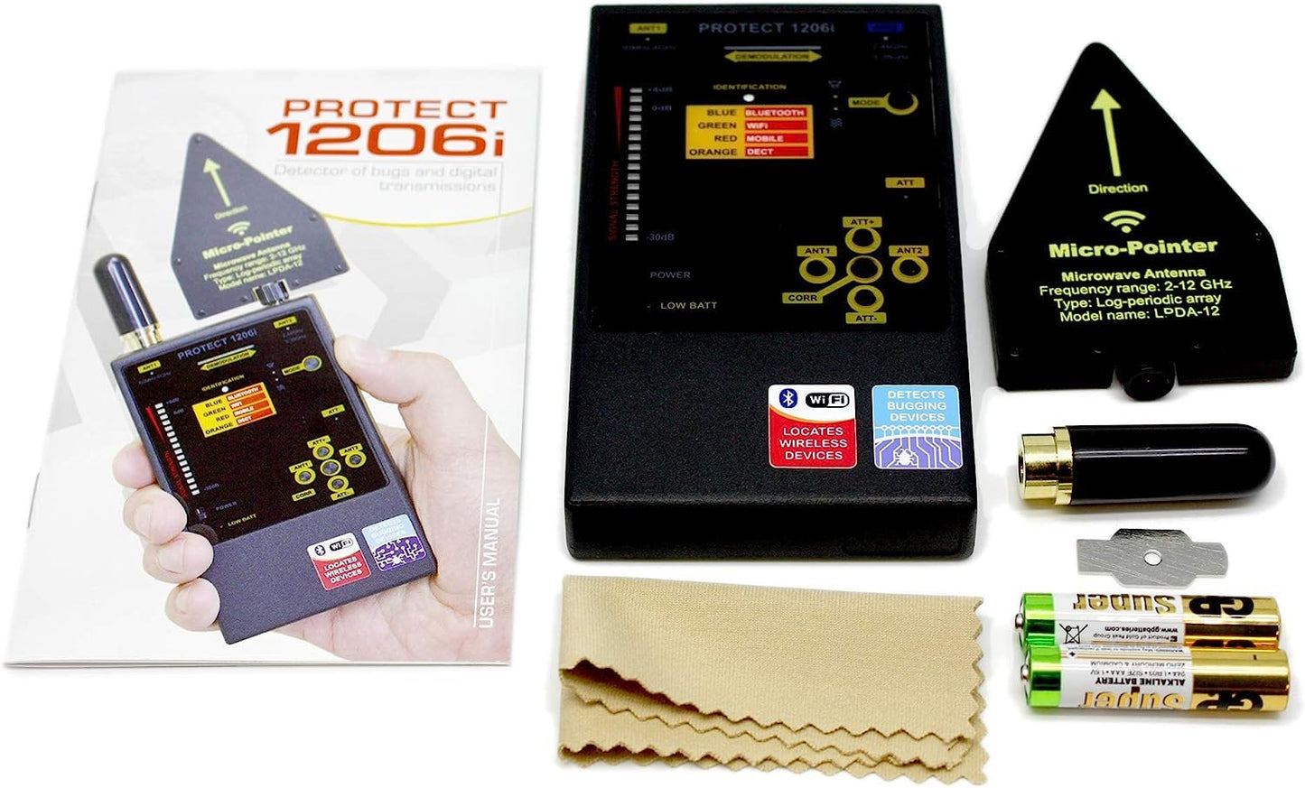 KJB DD1206 iProtect Digital RF Detector; Extra High Sensitivity to Bluetooth, Wi-Fi 2.4 GHz, Wi-Fi 5GHz and Wireless Video Cameras; 16-Segment Bargraph Indicator; 2 Levels of Sensitivity (Attenuator)