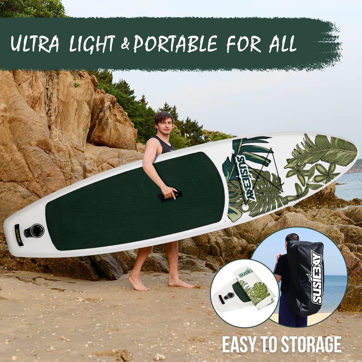 Susiebay Inflatable Stand Up Paddle Board, 11ft Paddle Board for Adults & Youth, Durable SUP Accessories with Non-Slip Deck, Dual Hand Pump,10L Dry Bag,108L Backpack