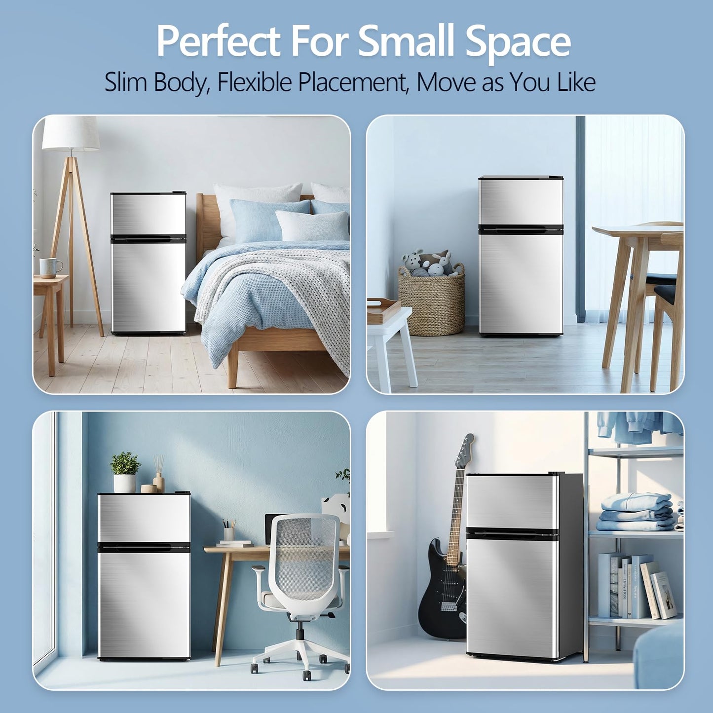 Electactic 2.5 Cu.Ft Mini Fridge with Freezer, Double-Door Compact Refrigerator, Adjustable Glass Shelves, Mechanical Thermostat & Built-in Casters, Space-Saving for Apartment/Dorm/Office, Silver