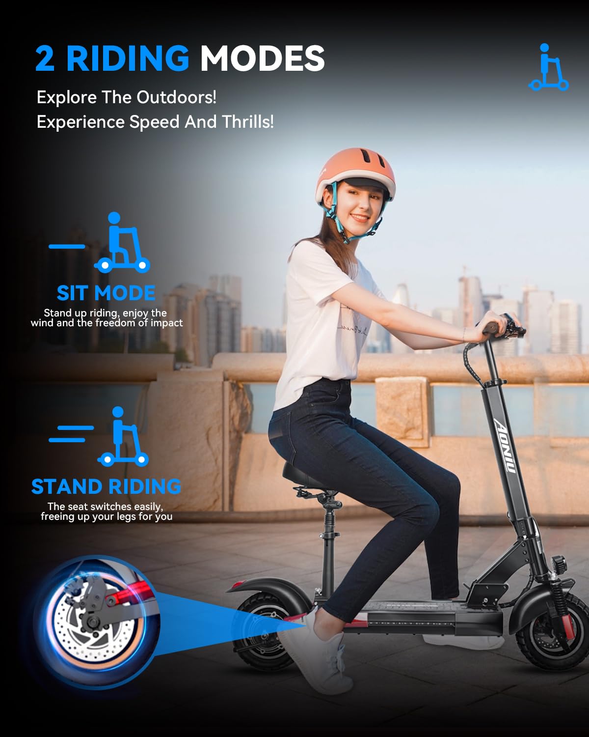 Aoniu M4 Electric Scooter for Adults Escooter with Seat Off Road E Scooter Fast 25-30mph 300 Lbs+ Heavy Duty Electric Scooters Long Range 31 Miles All Terrain Foldable for Teens Commuting