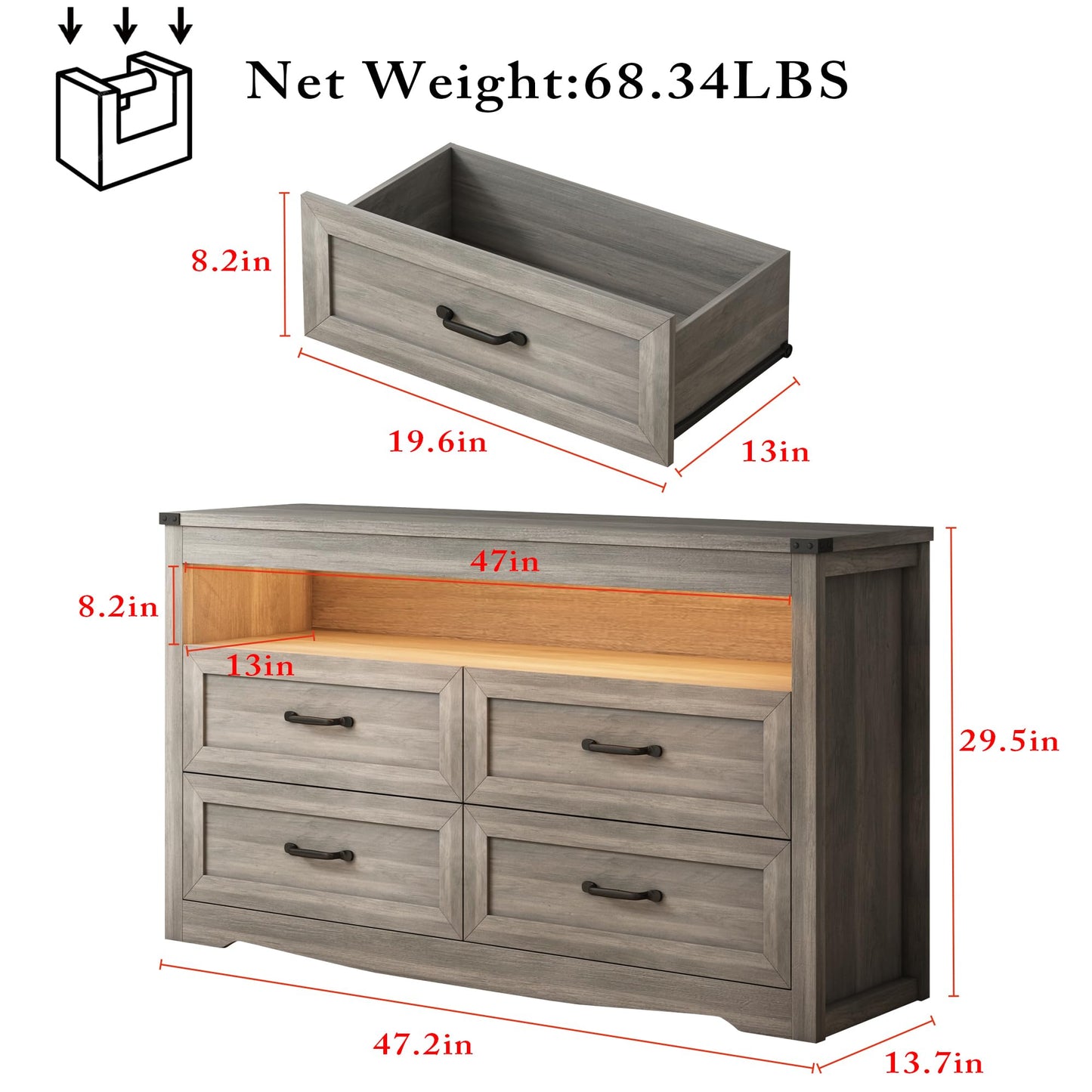 Wodeer Grey Dresser for Bedroom, Wooden 4 Drawer Dresser with LED Light, Dressers & Chests of Drawers with Metal Handles, Storage and Organization for Bedroom, Hallway, Entryway, Gray