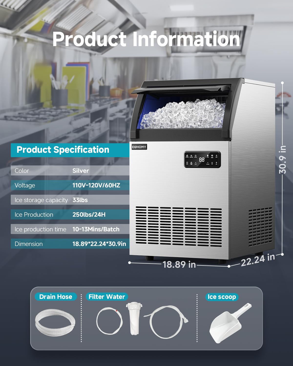 EUHOMY Commercial Ice Maker,250lbs/24H,Stainless Steel Under Counter Ice Machine with Water Filter,33lbs Storage Capacity, 84 Cubes in 8-12 Mins, Freestanding Ice Machine for Home/Bar/Cafe/Restaurant