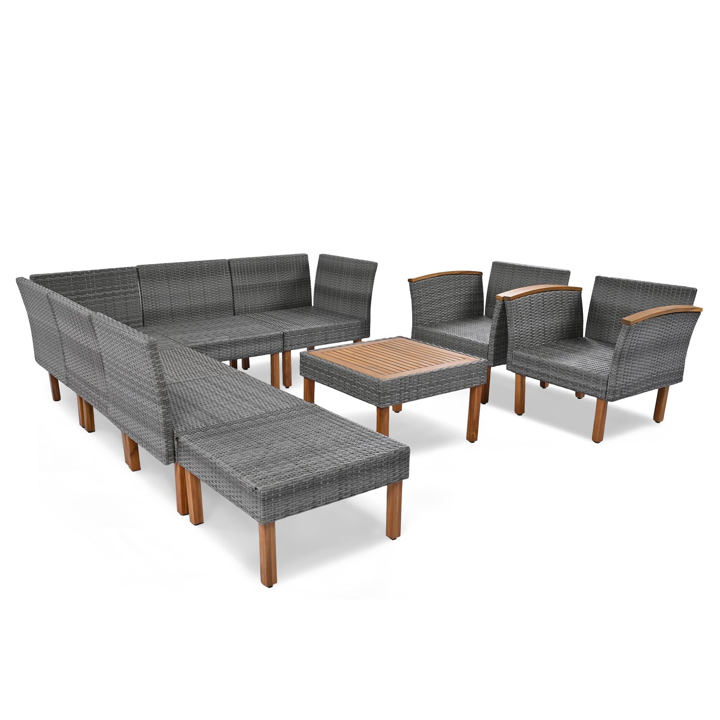 9 Piece Patio Rattan Furniture Set with Acacia Wood Legs, Outdoor Sectional Conversation Seating with Coffee Table, PE Wicker Modular Sofa with Washable Cushions for Backyard, Garden, Deck, Poolside