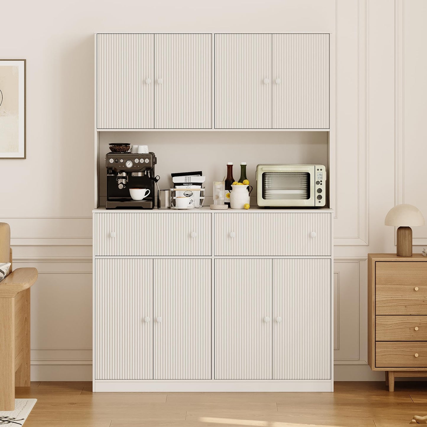 Garvee 47" Fluted Kitchen Pantry Cabinet with Countertop and Charging Station - Tall Pantry Storage Cabinet with 2 Drawers and Adjustable Shelves for Dining Room, Living Room