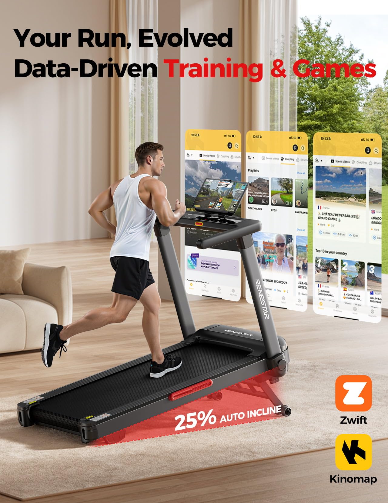Renestar Treadmill for Home with 25% Auto Incline - 8.5MPH Max Speed, Extra Large LED Touchscreen, 300LBS Capacity, 3.5HP Home Office Treadmills for Running Jogging Walking