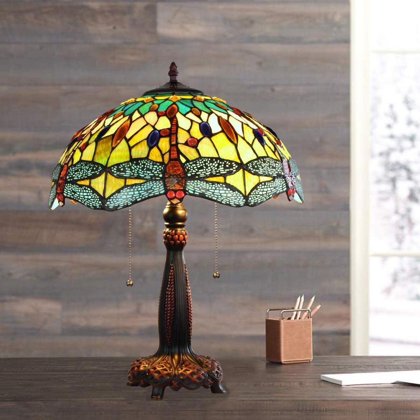 Chloe Lighting Empress Dragonfly Tiffany-Style Table Lamp, Dark Bronze, 16in Wide, Multicolor, Model CH3T471GD16-TL2