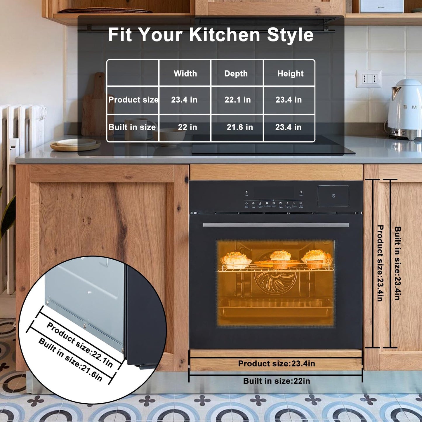 GarveeLife 24" Single Wall Oven, 2.5 Cu.ft. Electric Wall Oven with 8 Cooking Functions, 3000W Convection Oven in Stainless Steel, Touch Control, Timer, Safety Lock, ETL Certified