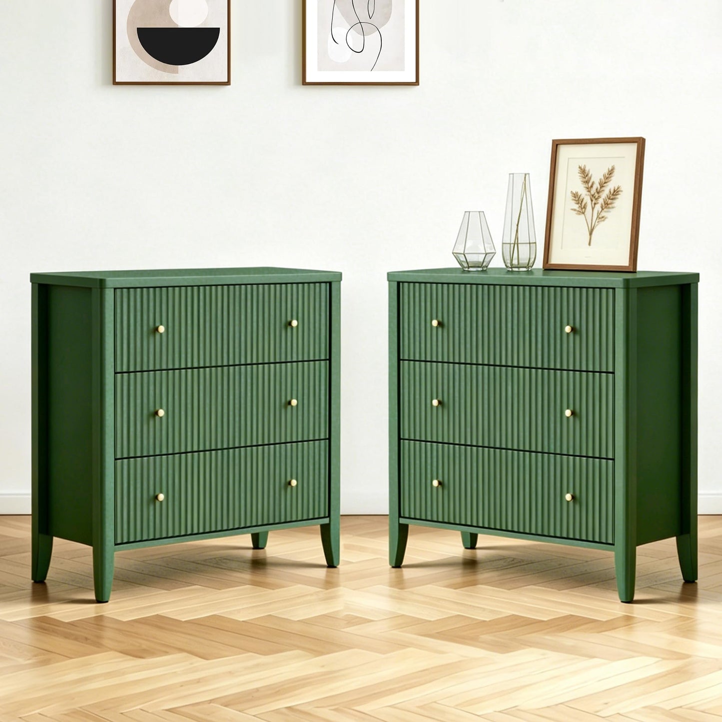 Fatmok Fluted 3 Drawer Dresser for Bedroom Set of 2, 34" Wide Chest of Drawers, Modern Wood Nightstand End Table with Metal Handles, Striped Storage Cabinet for Living Room, Hallway, Entryway, Green