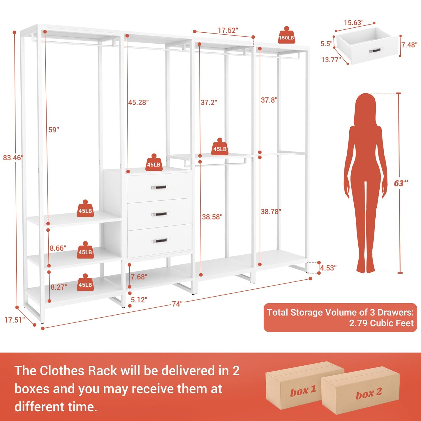 Aheaplus Wood Clothes Rack Wardrobe Closets for Hanging Clothes Heavy Duty Garment Rack, Large Corner L Shaped Closet System Organizer Walk-in Closet for Bedroom with 3 Wood Drawers, Pure White