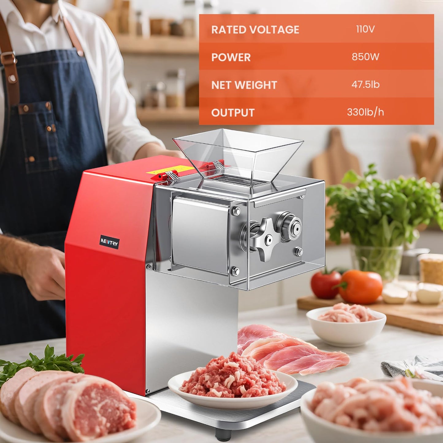 NEWTRY 850W 3 in 1 Commercial Meat Cutter, Electric Meat Slicer Shredder Machine with 5mm Blade 330lb/h Automatic Meat Processor for Boneless Meat & Soft Vegetables 110volt (5mm)