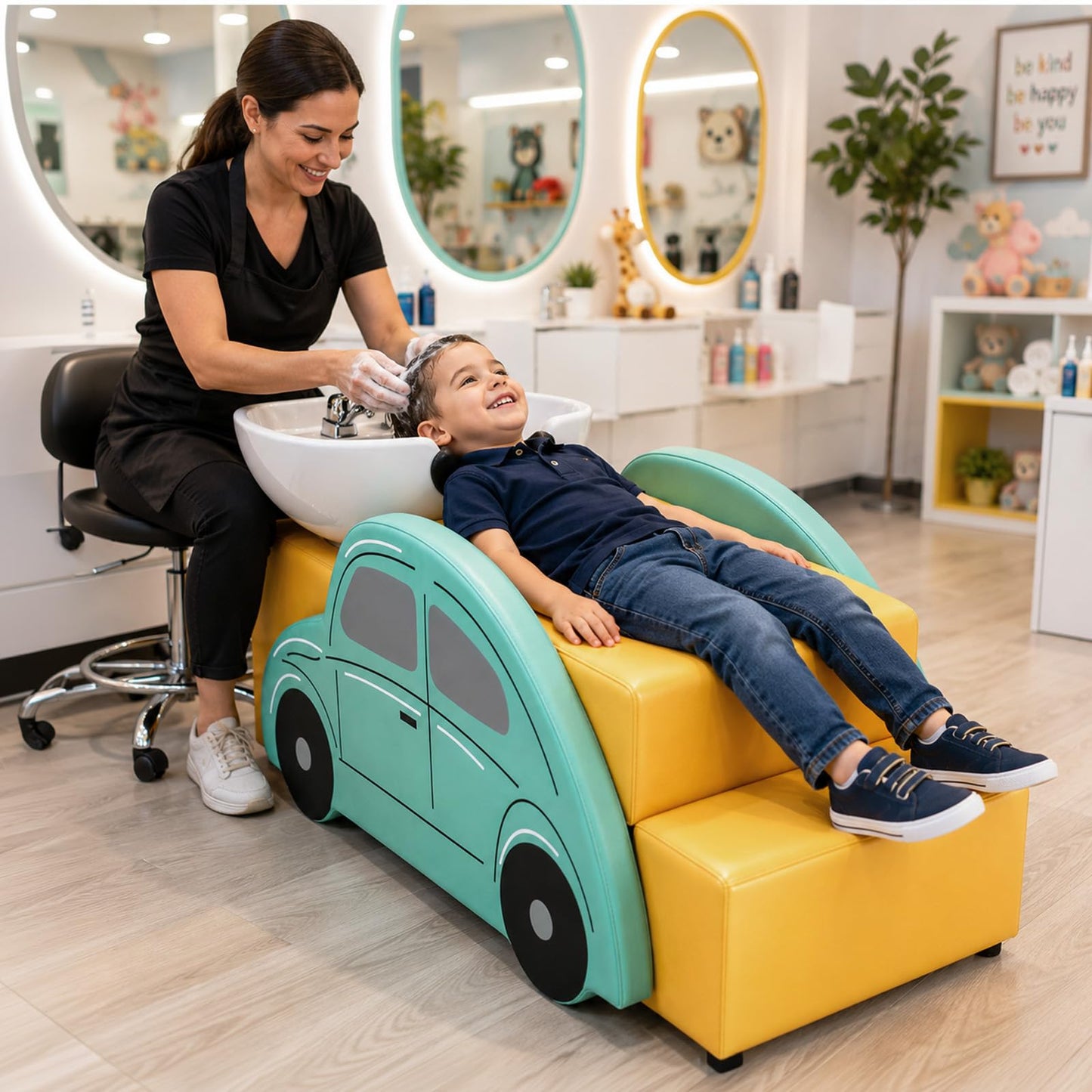 OmySalon Hair Washing Station for Kids, Ceramic Bowl with Neck Rest & UPC Certified Faucet Vacuum Breaker, Child Shampoo Bowl and Chair Set for Salon