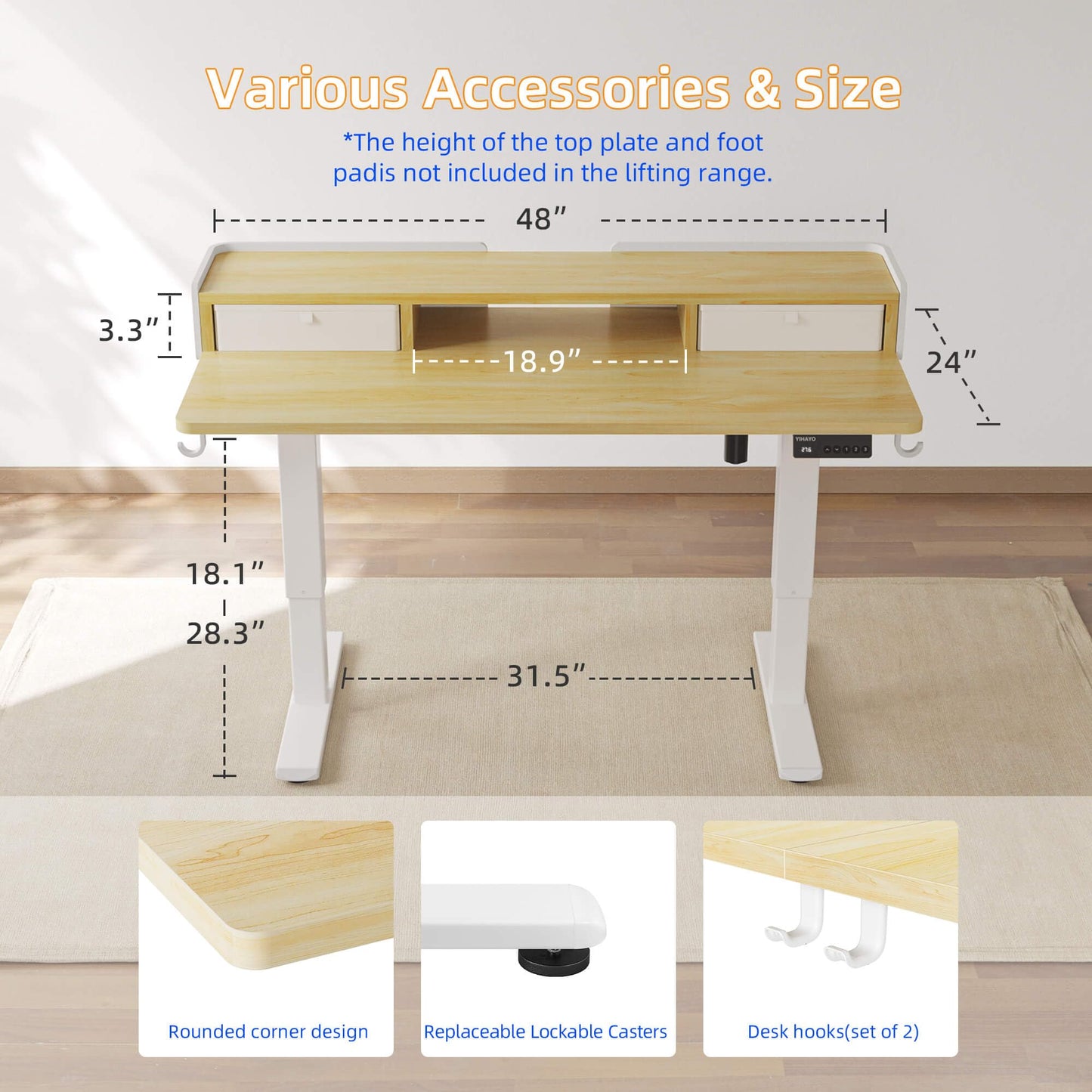 YIHAYO Low Height Adjustable Desk with Drawers, Lifts 18.1-28.3 Inches, Electric Standing Desk with Storage Shelf for Short People, 48 x 24 Inches Table with Splice Board for Home Office, Natural