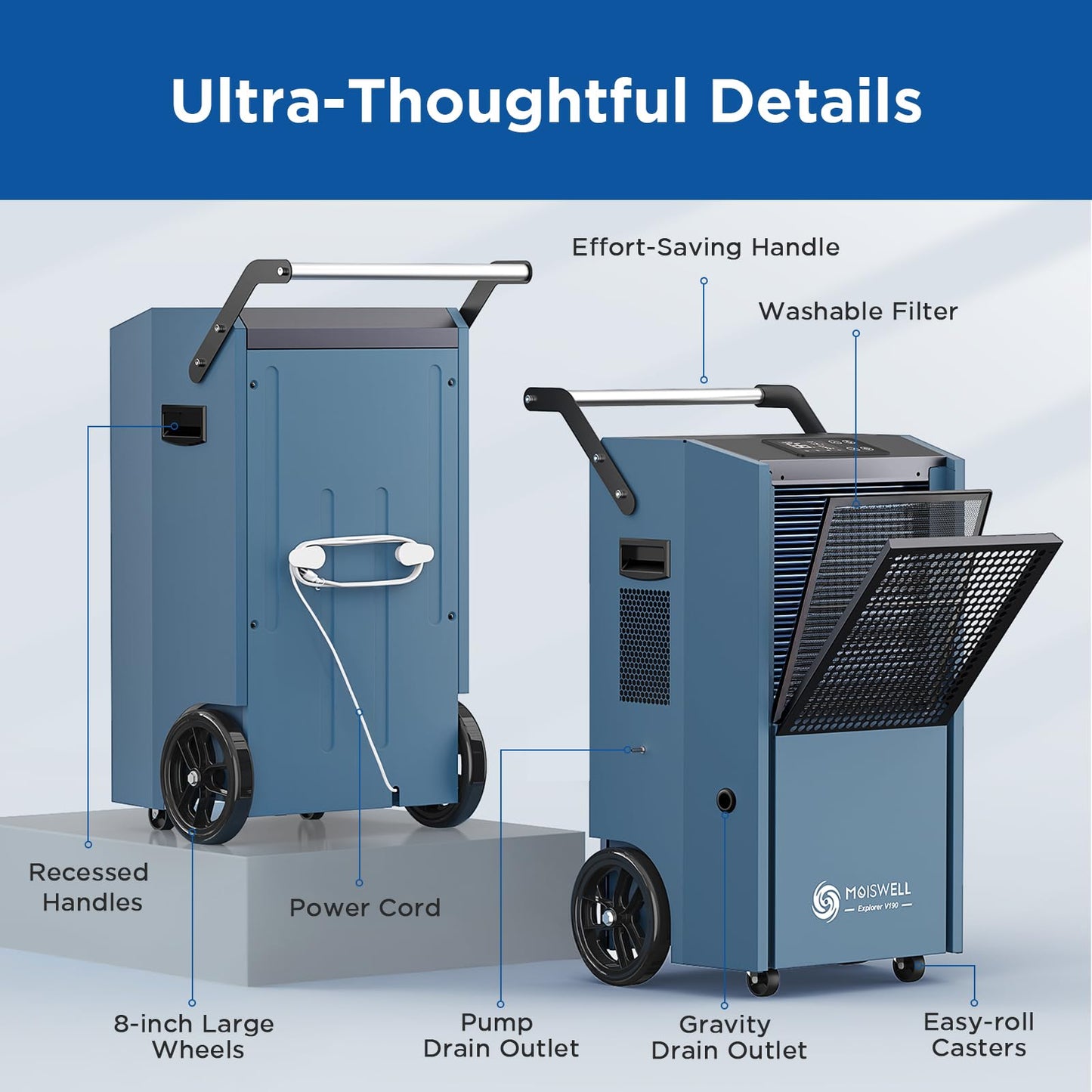 Moiswell 190 Pints Commercial Dehumidifier with Pump Portable Industrial Heavy Duty Moisture Removal Dehumidifiers for Basements with Auto Drain,Powerful Humidity Control for Large Spaces