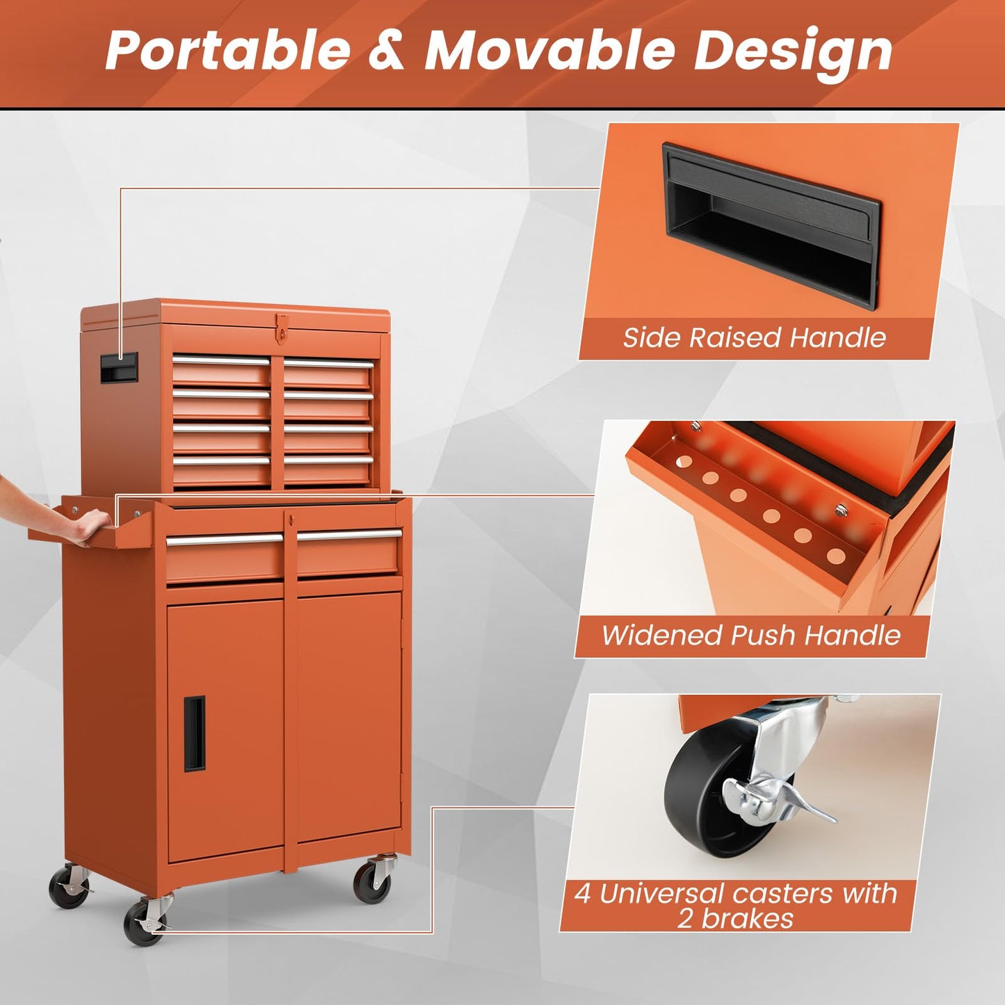 Goplus Rolling Tool Chest, 5-Drawer Tool Box Organizer w/Lockable Wheels & Sliding Drawers & Detachable Top & Adjustable Shelf, Tool Storage Cabinet for Garage Workshop (Orange)