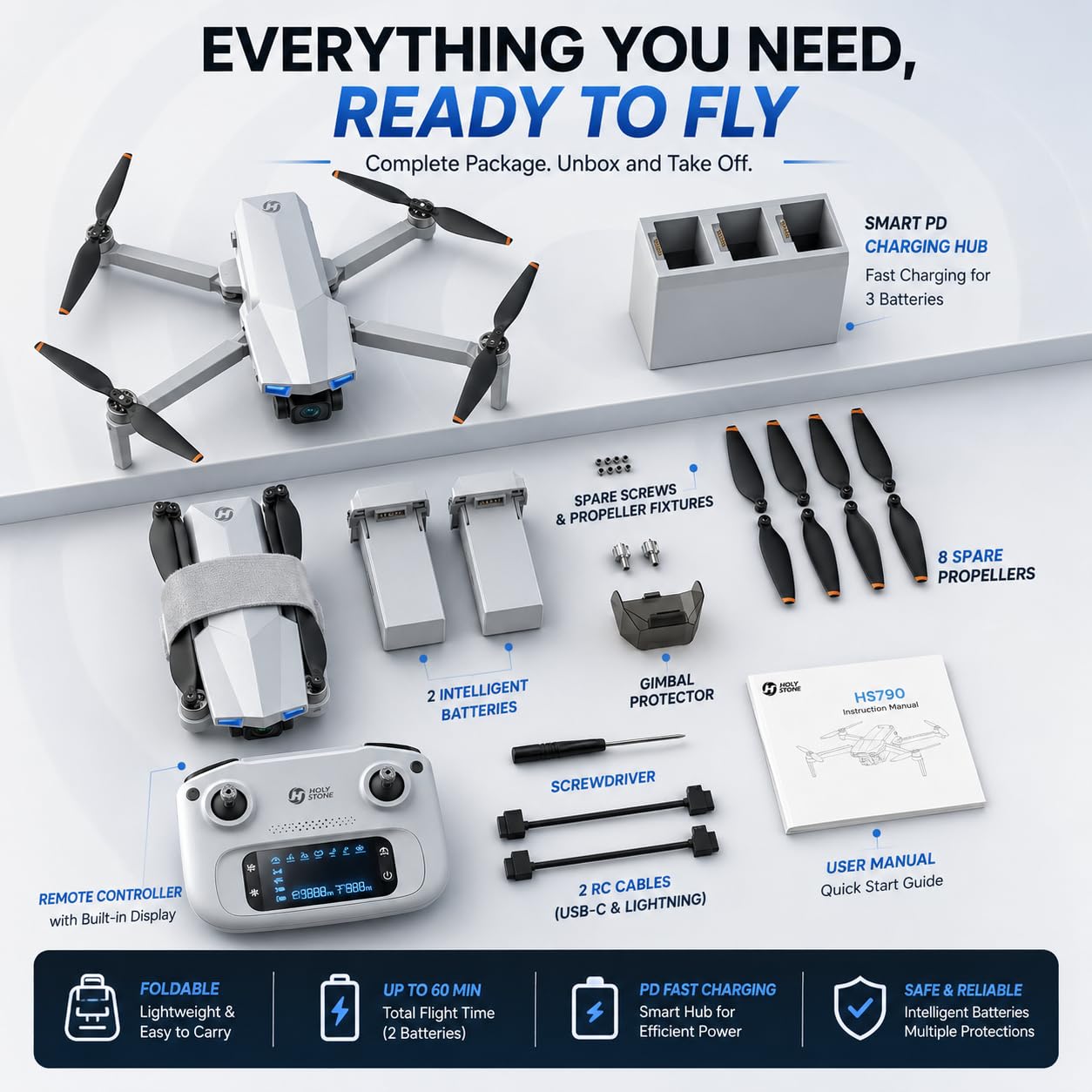 Holy Stone HS790 6K Photo Drone with Camera for Adults, 3 Axis Brushless Gimbal 4K Video, 30000ft Transmission, 60Min Flight with Fast Charging Hub, AI Night Shot, GPS Smart Flight, Beginner Mode
