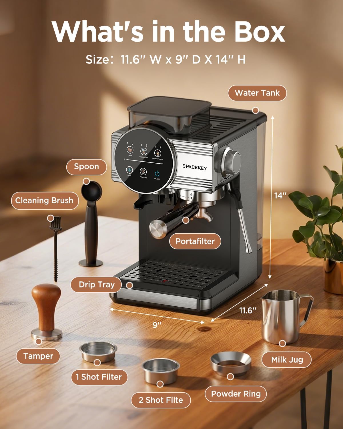 Spacekey Espresso Coffee Machine with Grinder, Milk Frother, Cold Brew, 20 Bar