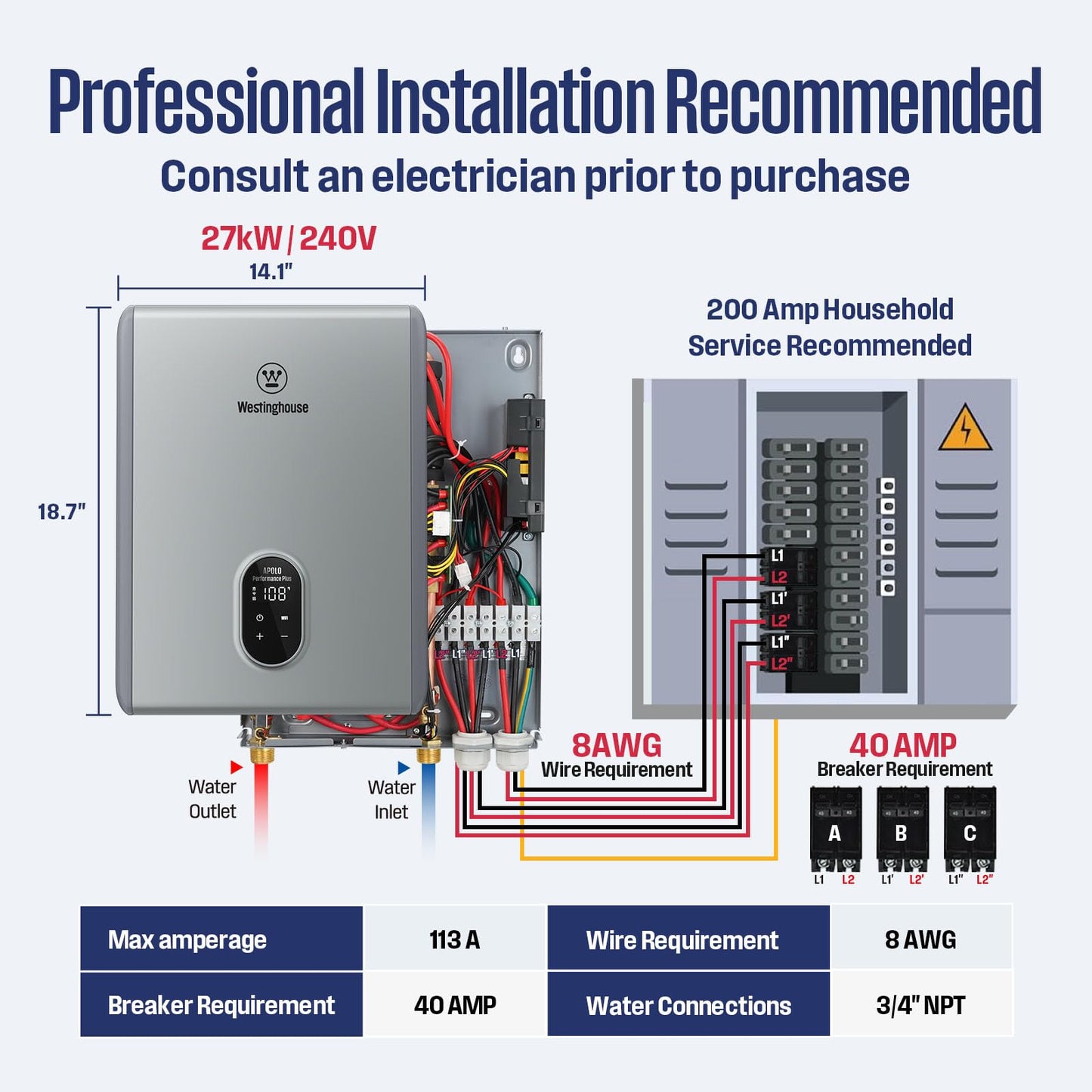 Westinghouse 27kW Electric Tankless Whole House Water Heater, 6.3 GPM Instant Hot Water on Demand, 240V, WIFI & Self Modulating High Efficiency, Copper Heating, LED Display, ETL Certified