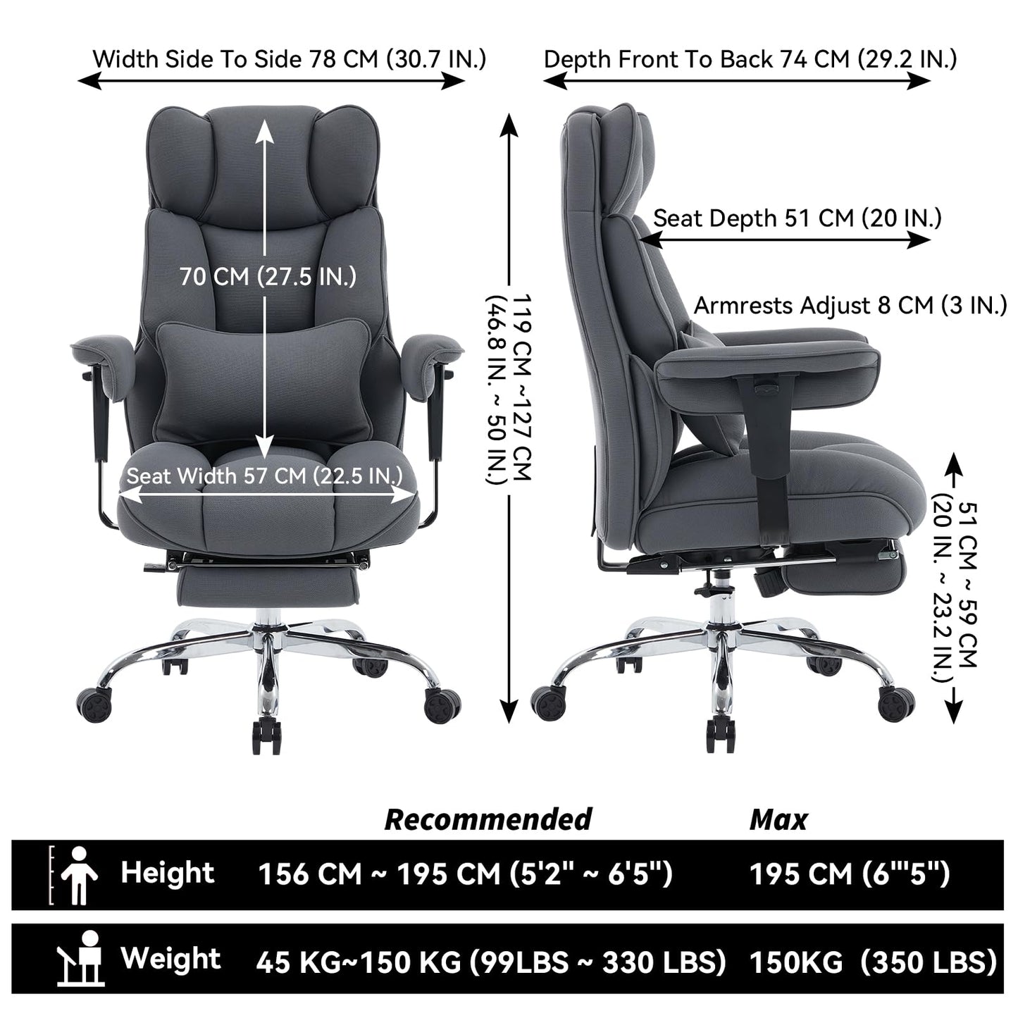 Efomao Big and Tall Office Chair with Footrest, 350lbs Heavy Duty Desk Chair, Extra Wide High Back Executive Office Chair for Long Hours, Reclining Home Office Chair with Breathable Fabric, Blue Grey