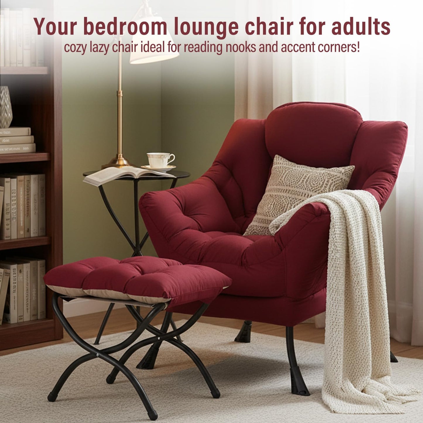 Furlide Lazy Chair with Ottoman, Modern Accent Chairs with Folding Footrest, Burgundy Sofa Chair Set, Comfortable Reading Chairs, Oversized Armchairs for Bedroom, Study, Living Room, Courtyard