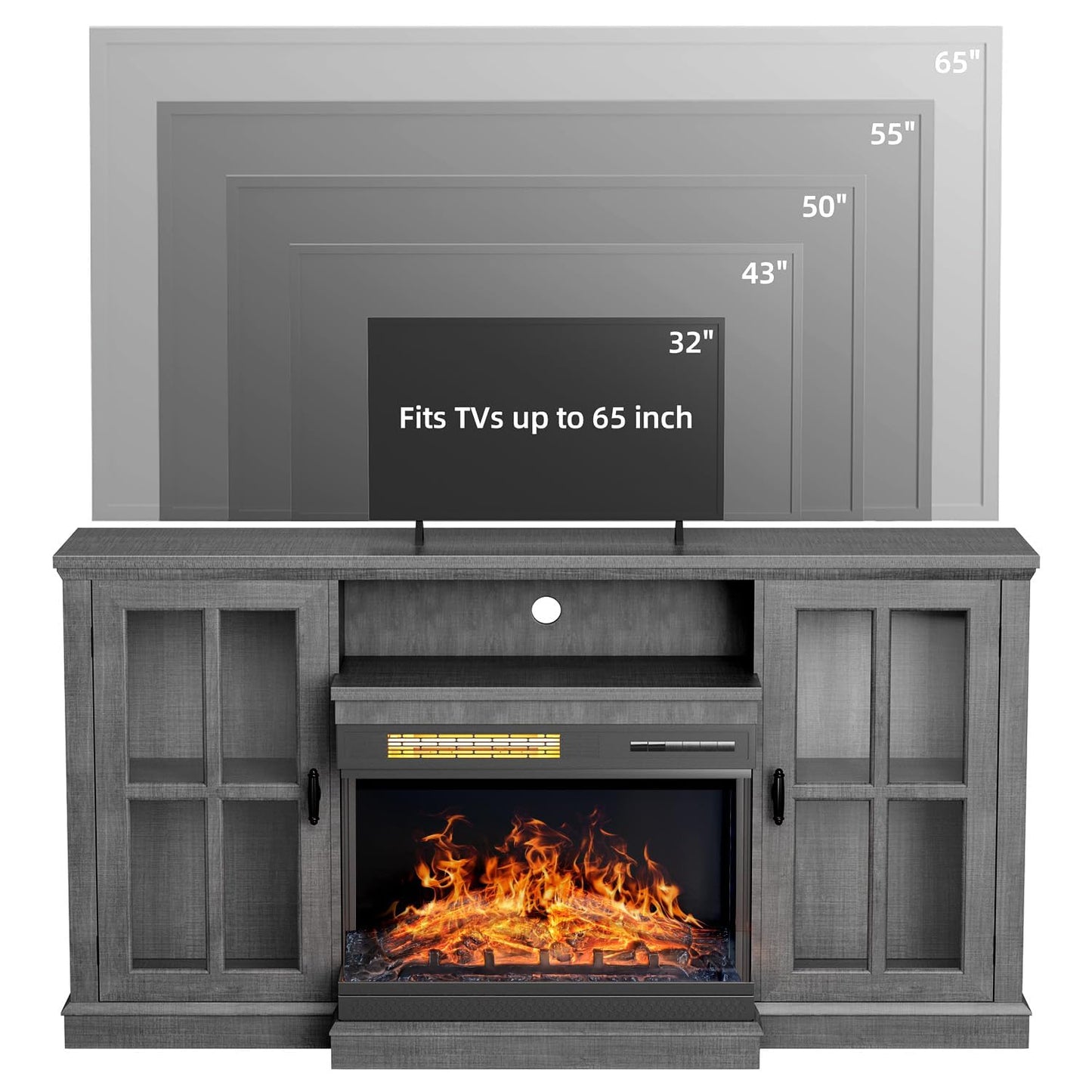 YESHOMY Glass Fireplace TV Stand for Televisions up to 65", Media Entertainment Center Console Table with Doors Closed Storage, Grey Wash