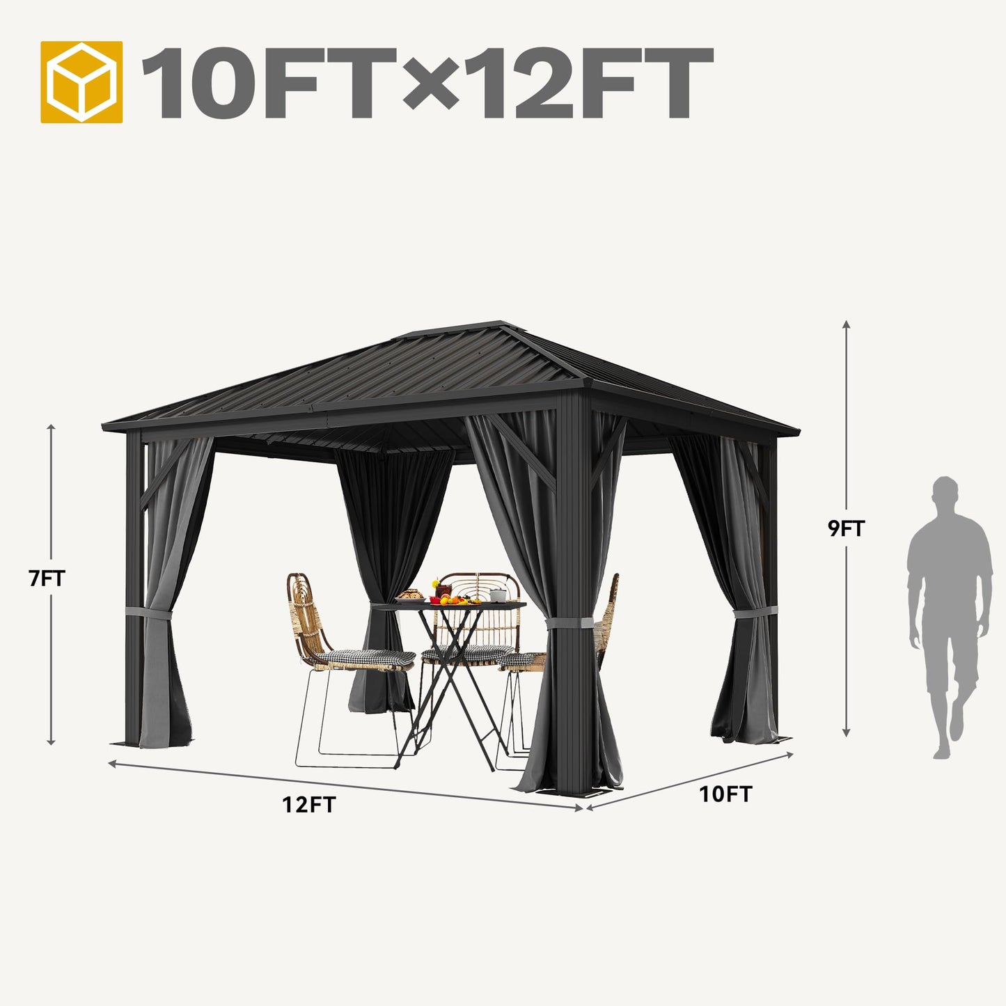 DWVO Gazebo Hardtop 10x12ft Single Roof Heavy Duty Canopy Galvanized Steel Outdoor with Nettings and Curtains for Patio, Backyard, Deck, Lawns, Grey