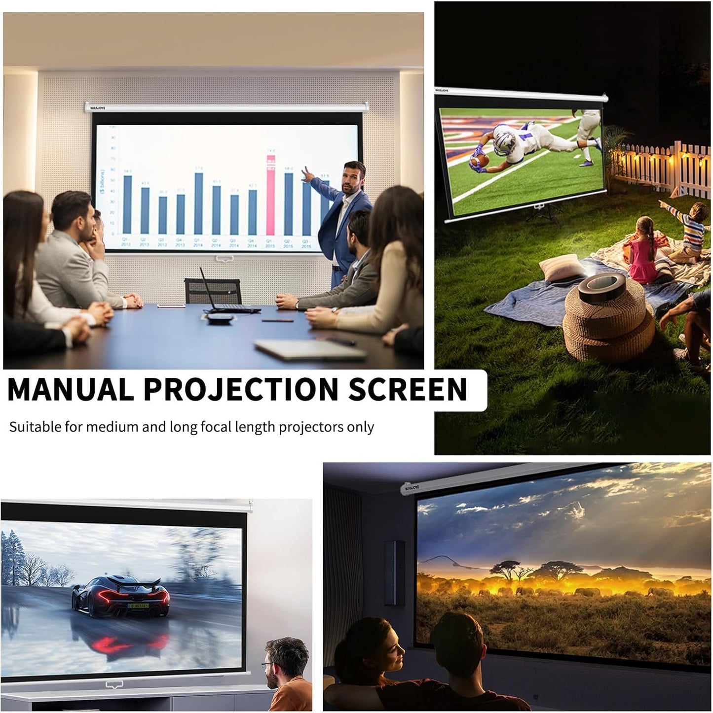 150'' Projector Screen Manual Pull Down - 16:9 HD Retractable Projection Screen with Auto Locking - 4K Projector Screen Anti-Crease for Home Theater Cinema Office Education Presentation