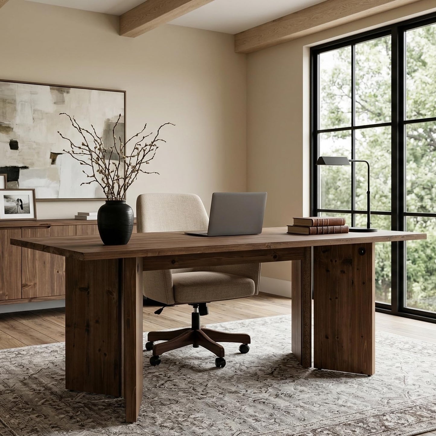 LITTLE TREE 63" Long Large Wood Desks, Solid Wood Office Desk, Farmhouse Executive Computer Desk, Home Office Workstaticon, Work Writing Table, Rustic Brown