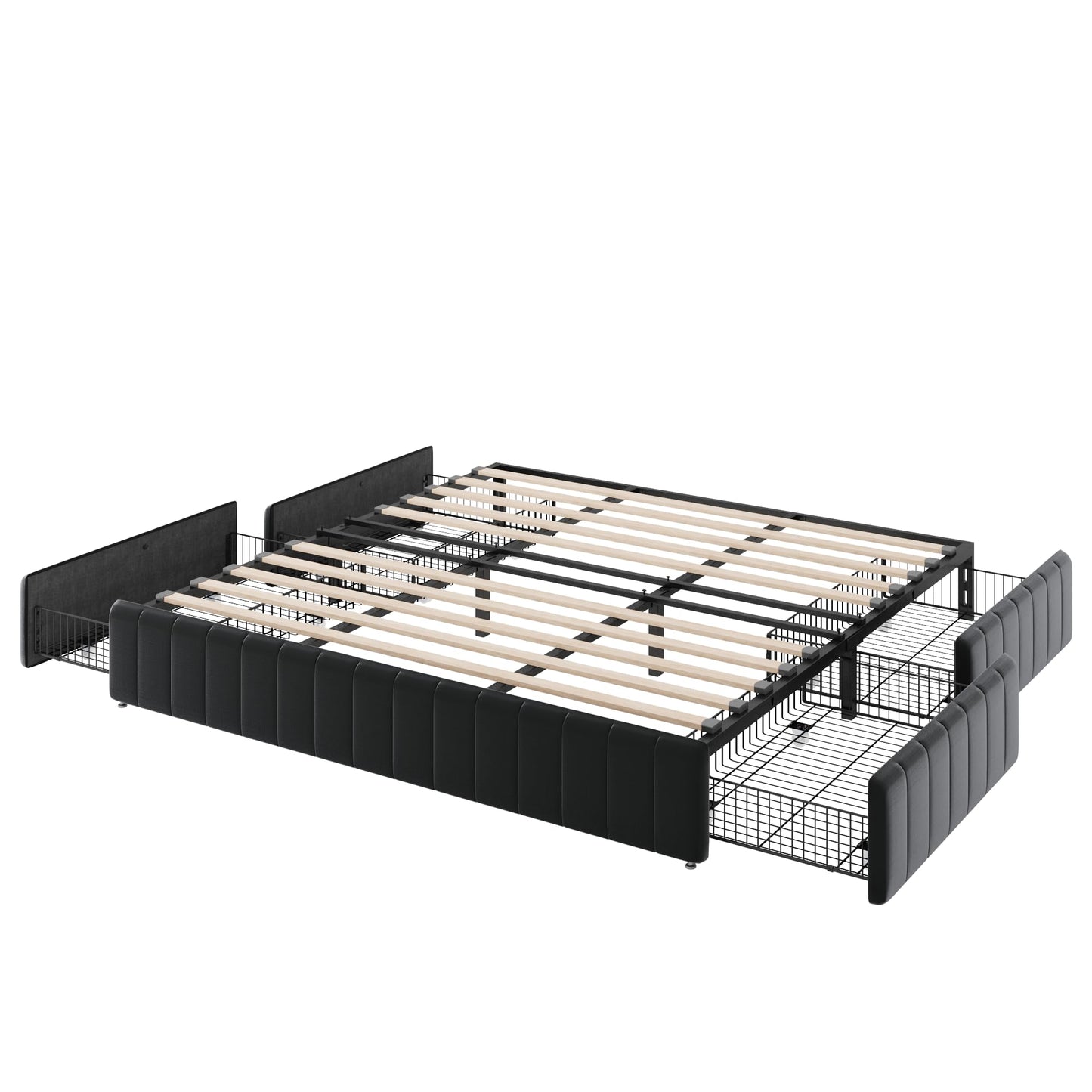 Allewie King Size Platform Bed Frame with 4 Large Storage Drawers, Velvet Vertical Channel Tufted Upholstered Bed Base, Wooden Slats Support, Noise-Free, No Box Spring Needed, Easy Assembly, Black